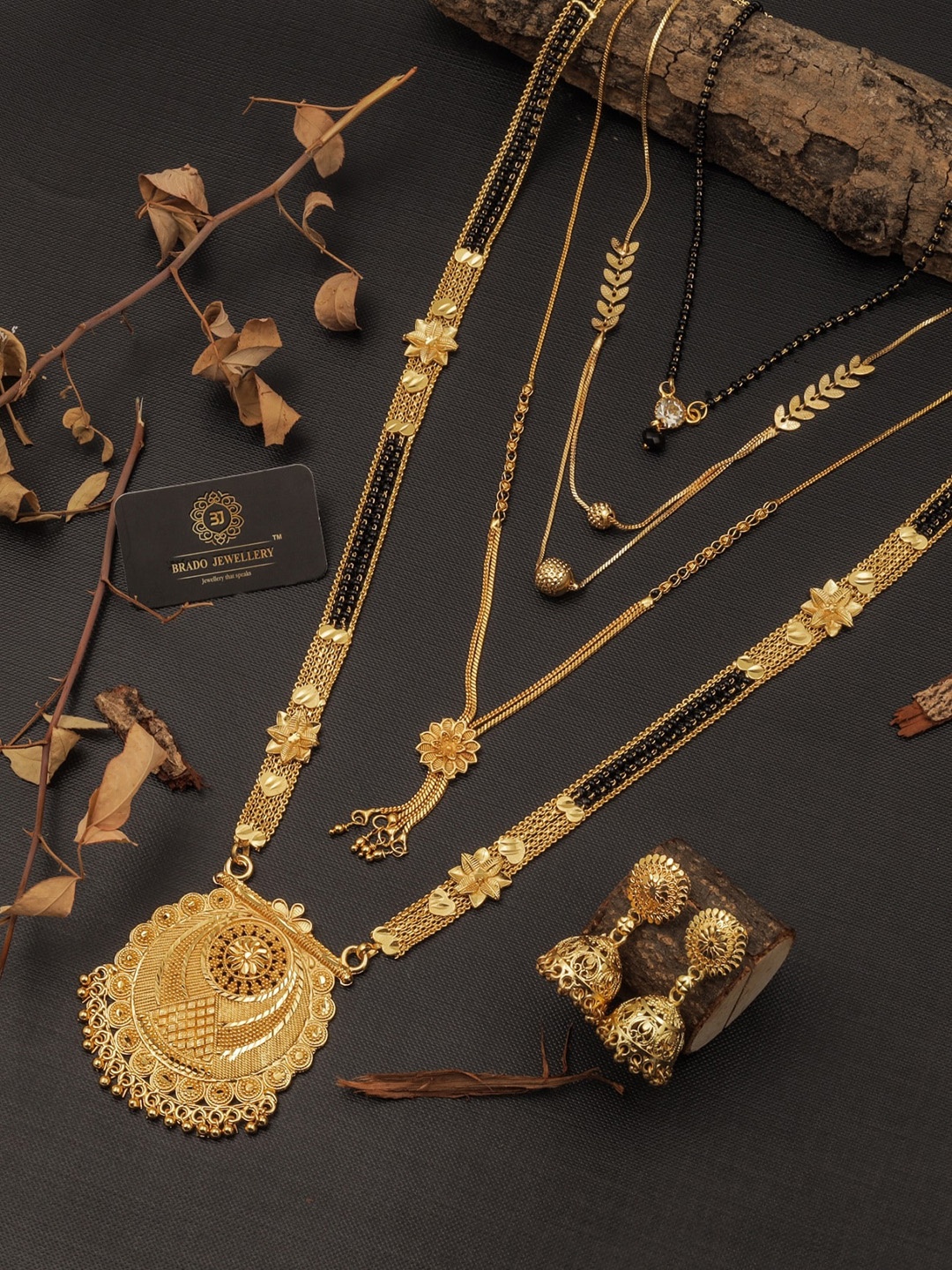 

Brado Jewellery Gold-Plated Black Beaded Mangalsutra Jewellery Set
