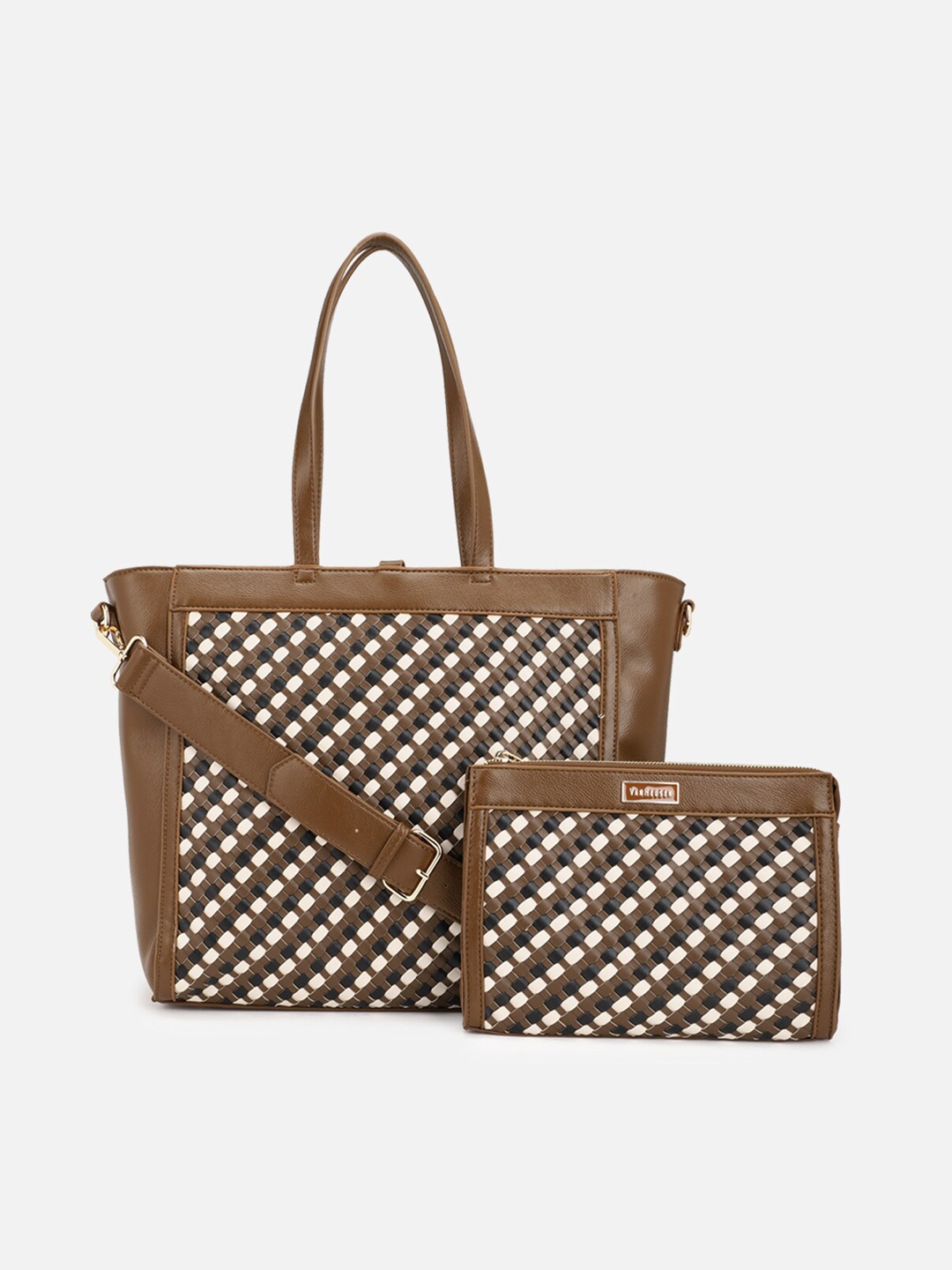

Van Heusen Woman Brown Geometric Checked PU Oversized Bucket Shoulder Bag with Cut Work