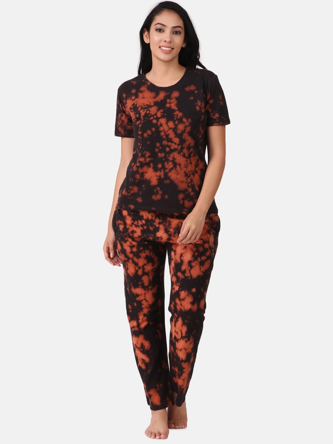 

Masha Women Black & Orange Tie and Dye Printed Pure Cotton Night suit