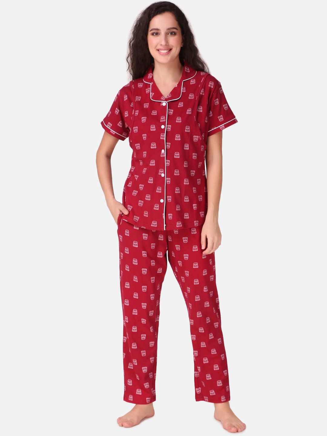 

Masha Women Maroon Printed Pure Cotton Night suit