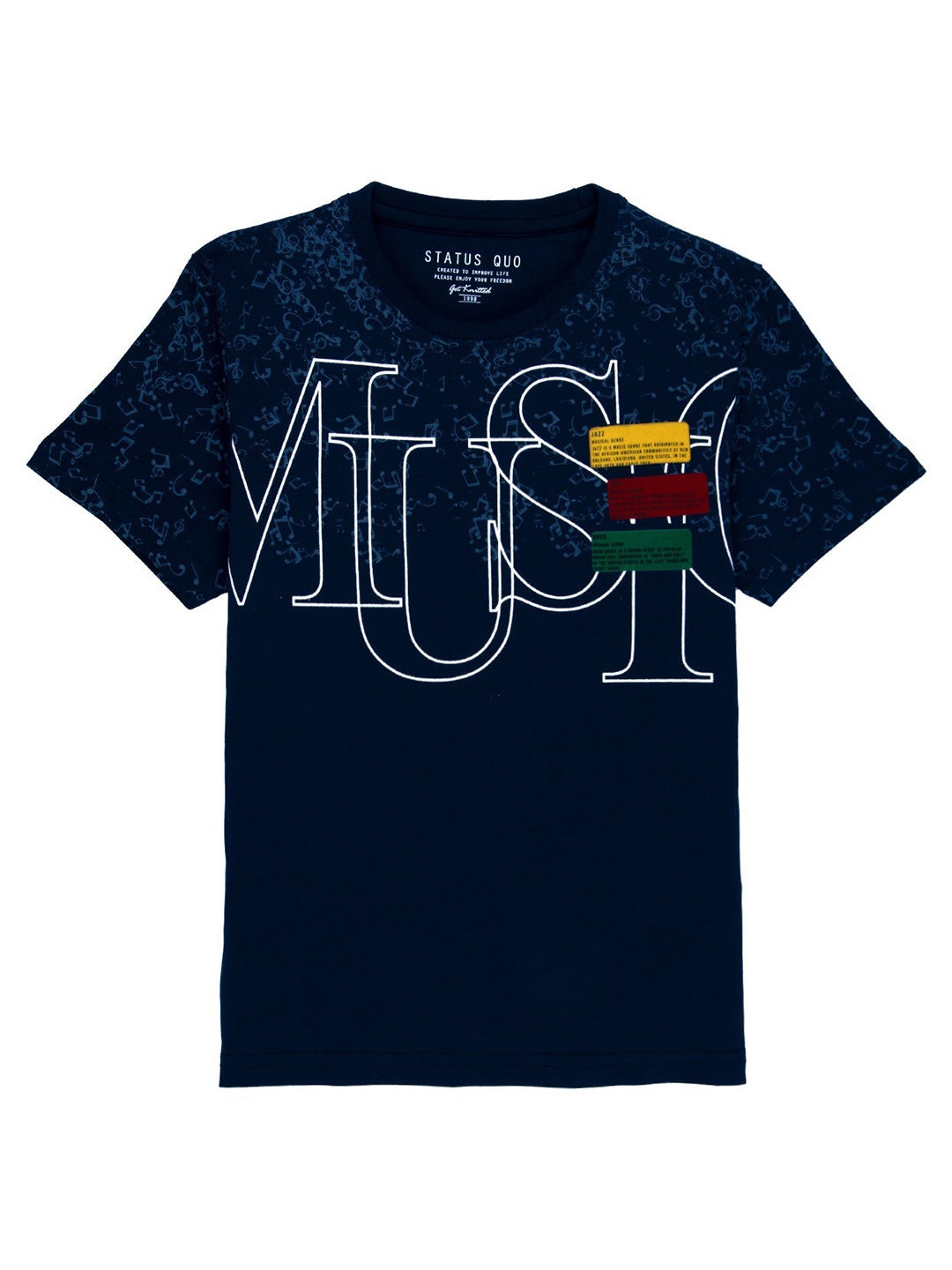 

Status Quo Boys Navy Blue Typography Printed V-Neck Applique T-shirt