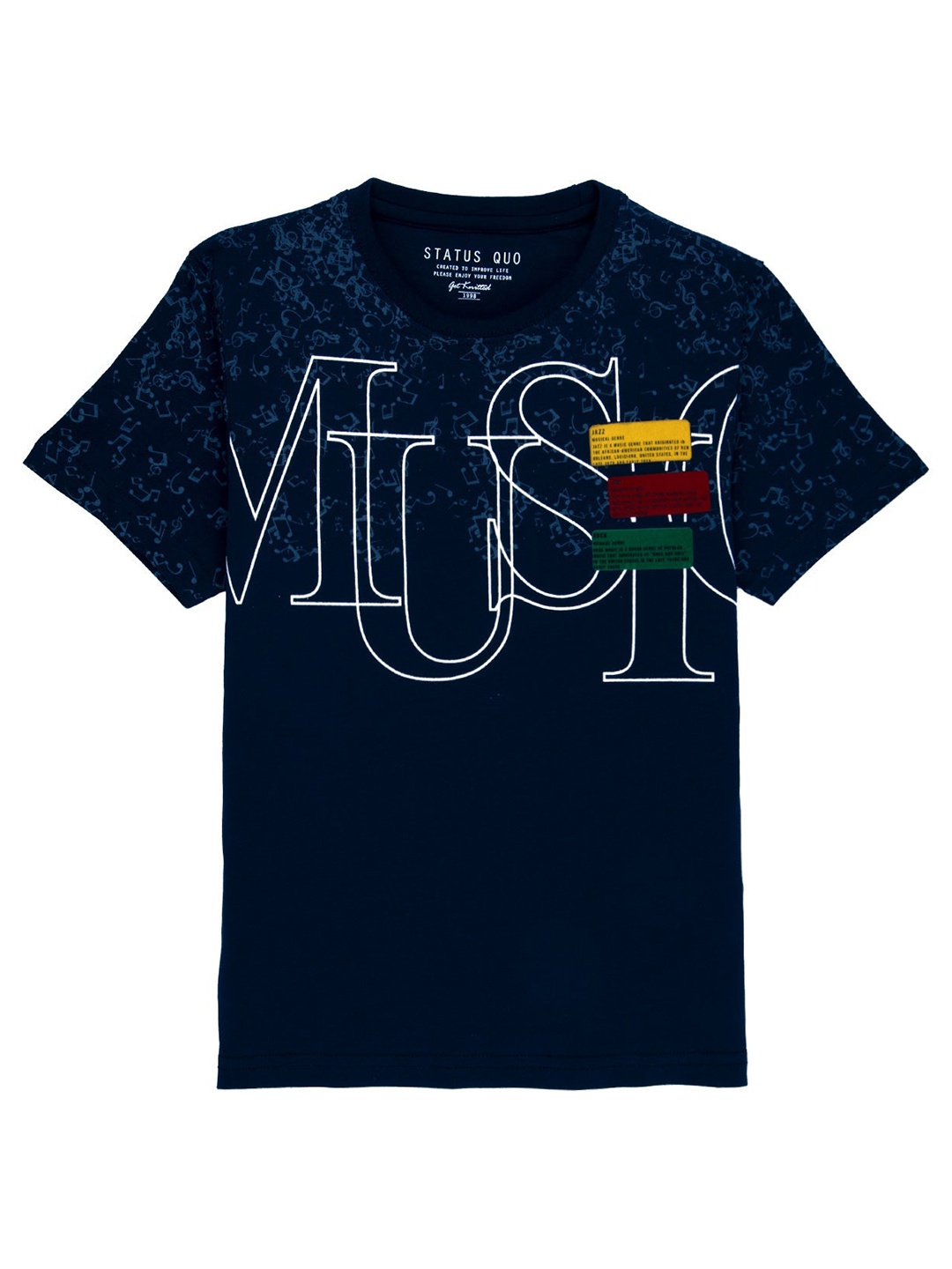 

Status Quo Boys Navy Blue Typography Printed V-Neck Applique T-shirt
