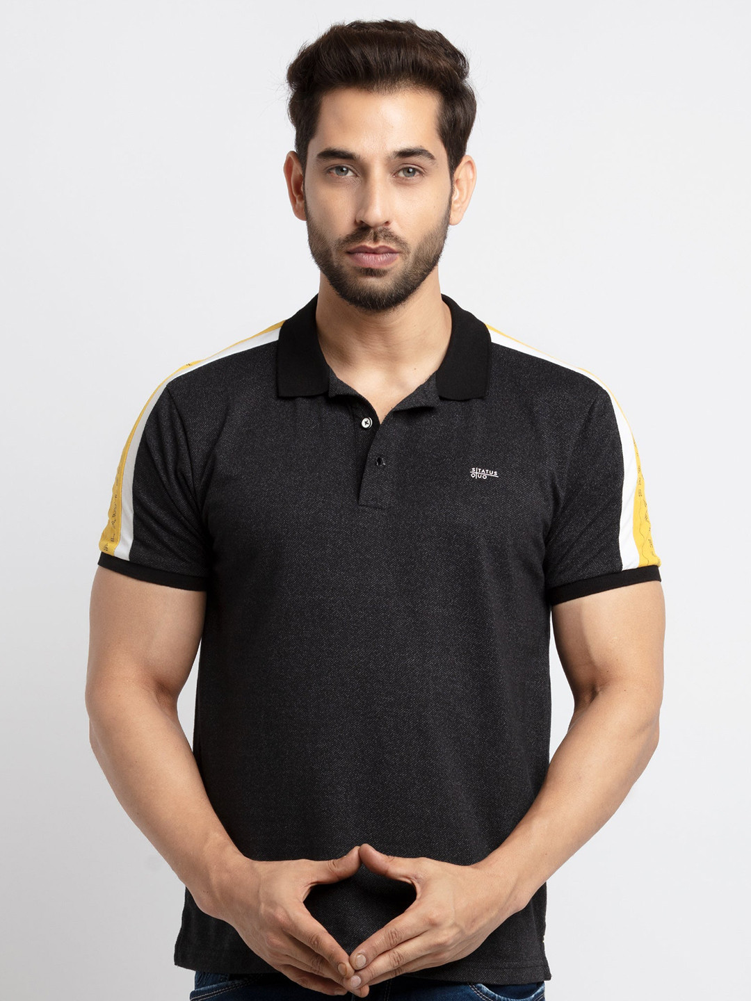 

Status Quo Men Black Polo Collar Applique T-shirt