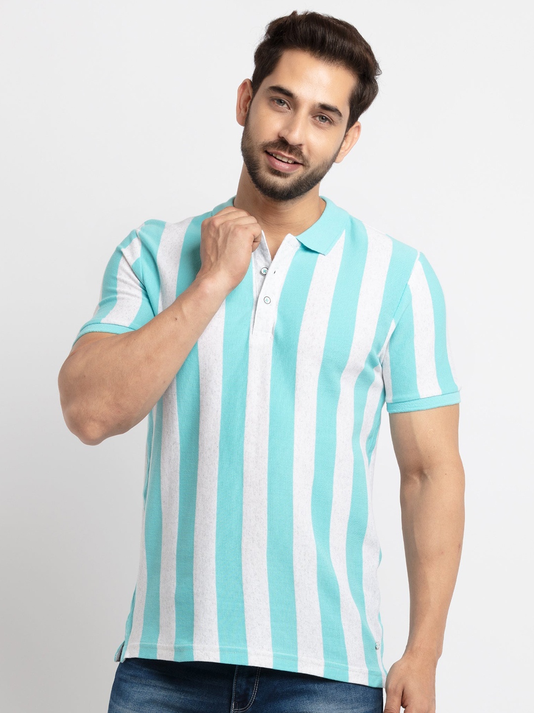 

Status Quo Men Blue Striped Polo Collar T-shirt