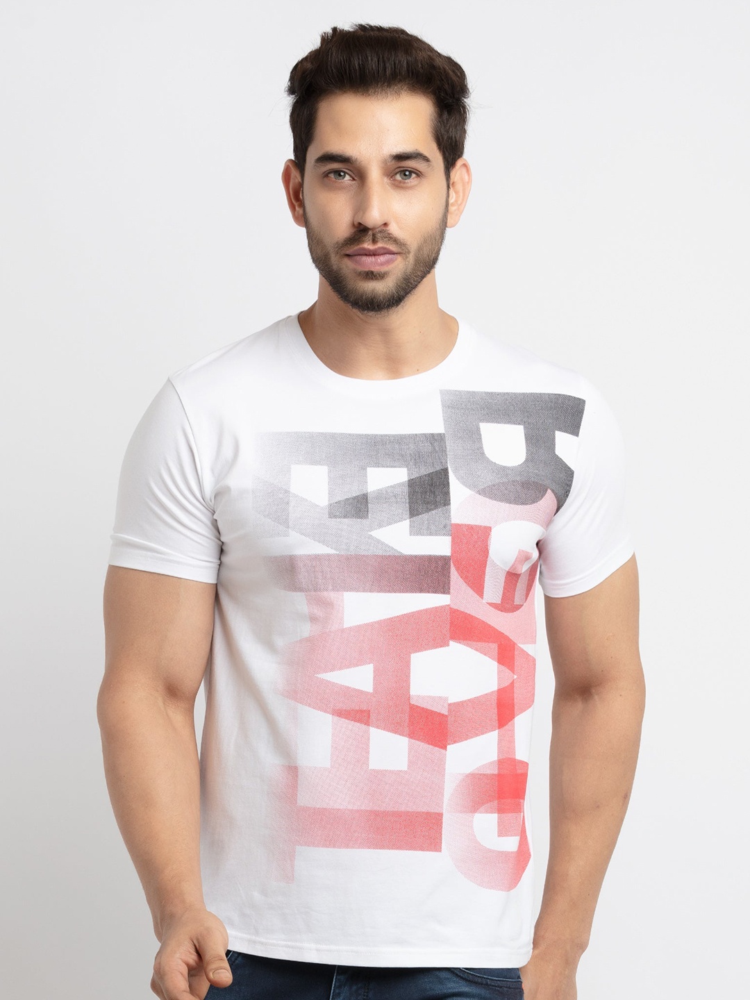 

Status Quo Men White Printed Raw Edge T-shirt