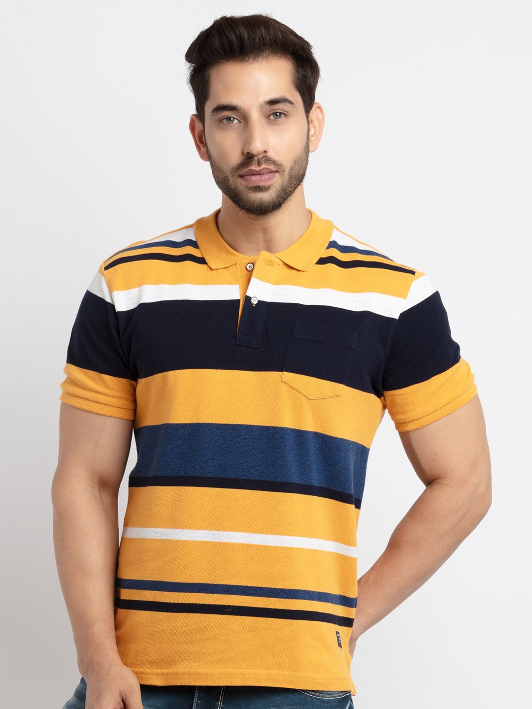 

Status Quo Men Mustard Yellow Striped Polo Collar Applique T-shirt