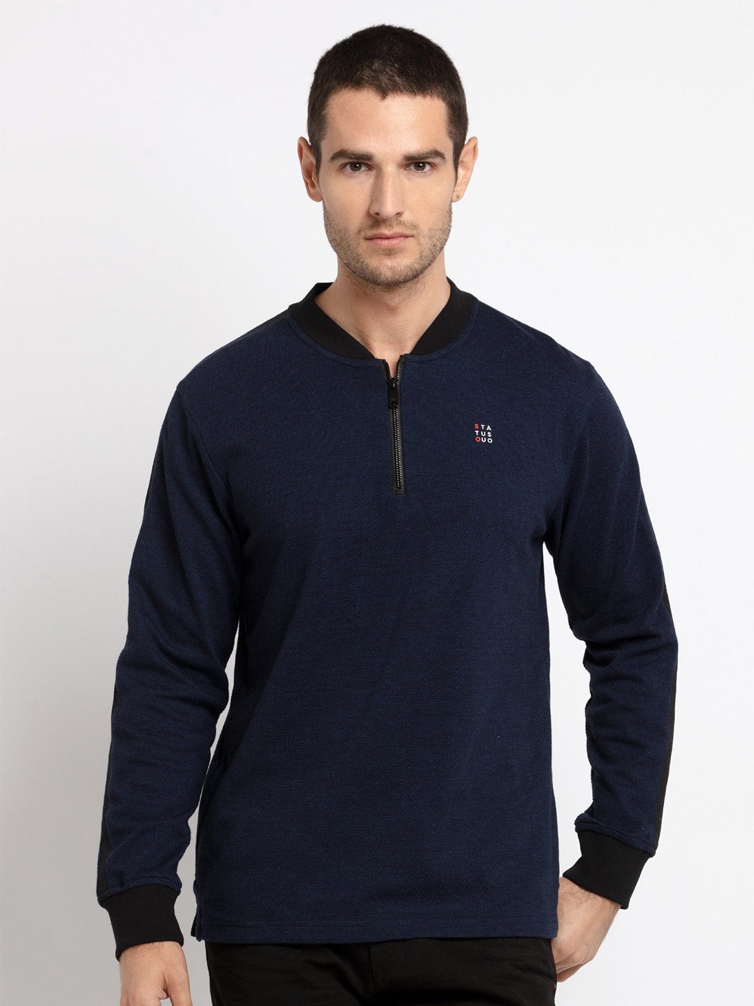 

Status Quo Men Navy Blue Henley Neck Extended Sleeves T-shirt