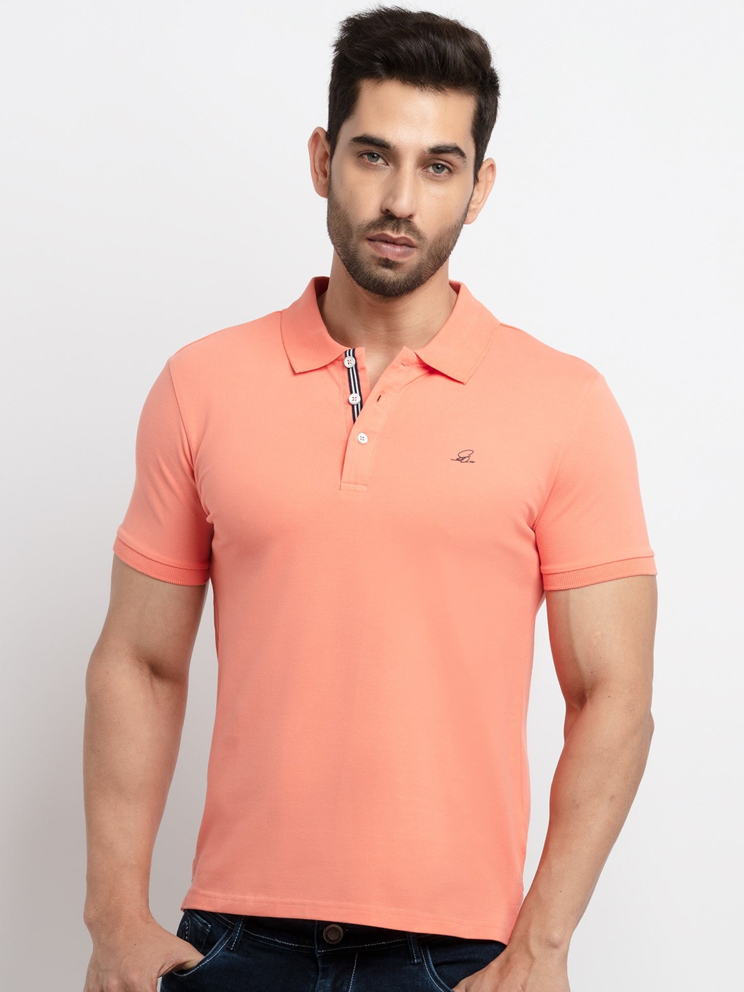 

Status Quo Men Peach-Coloured Polo Collar T-shirt