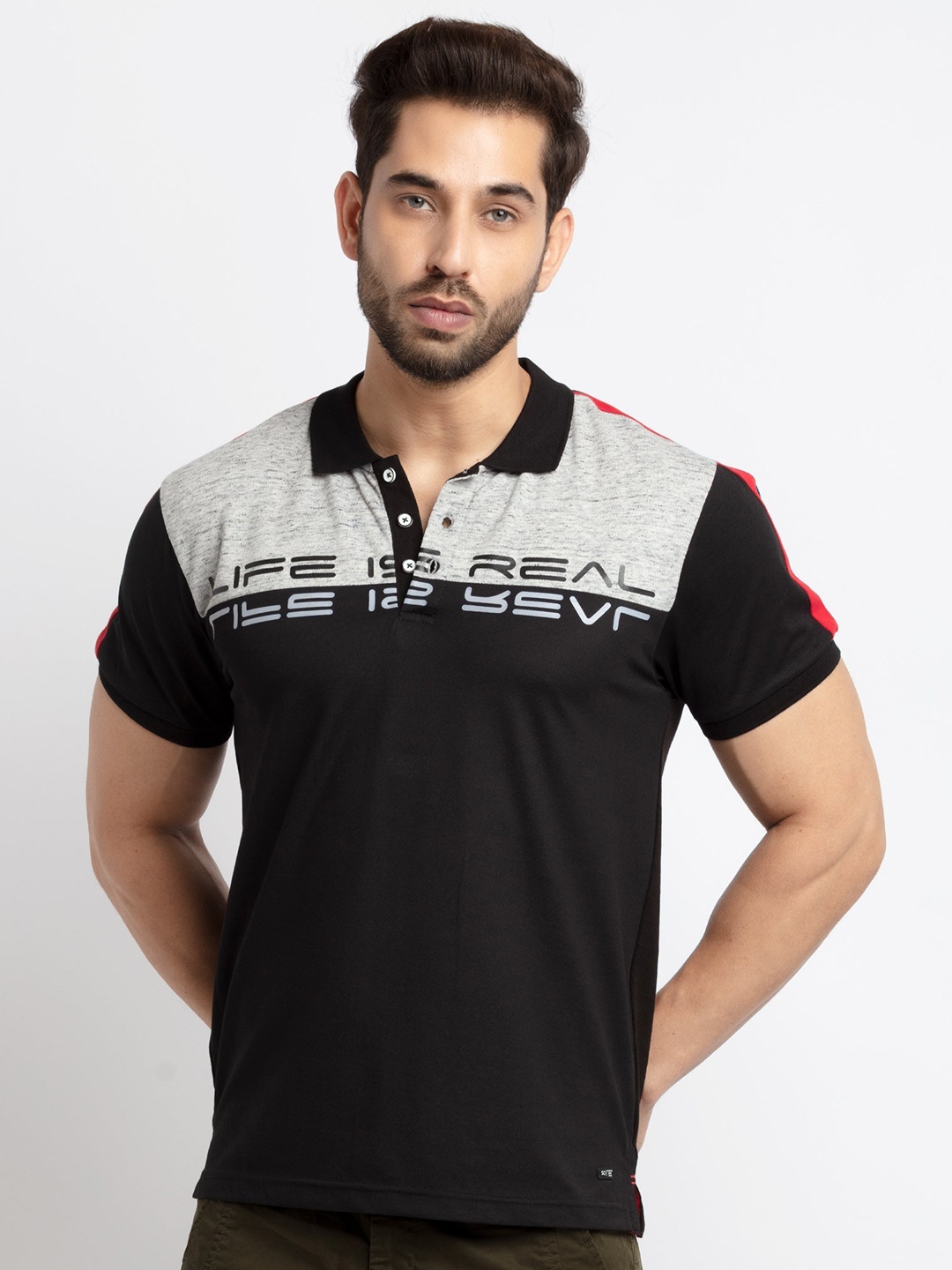 

Status Quo Men Black Printed Polo Collar Applique T-shirt