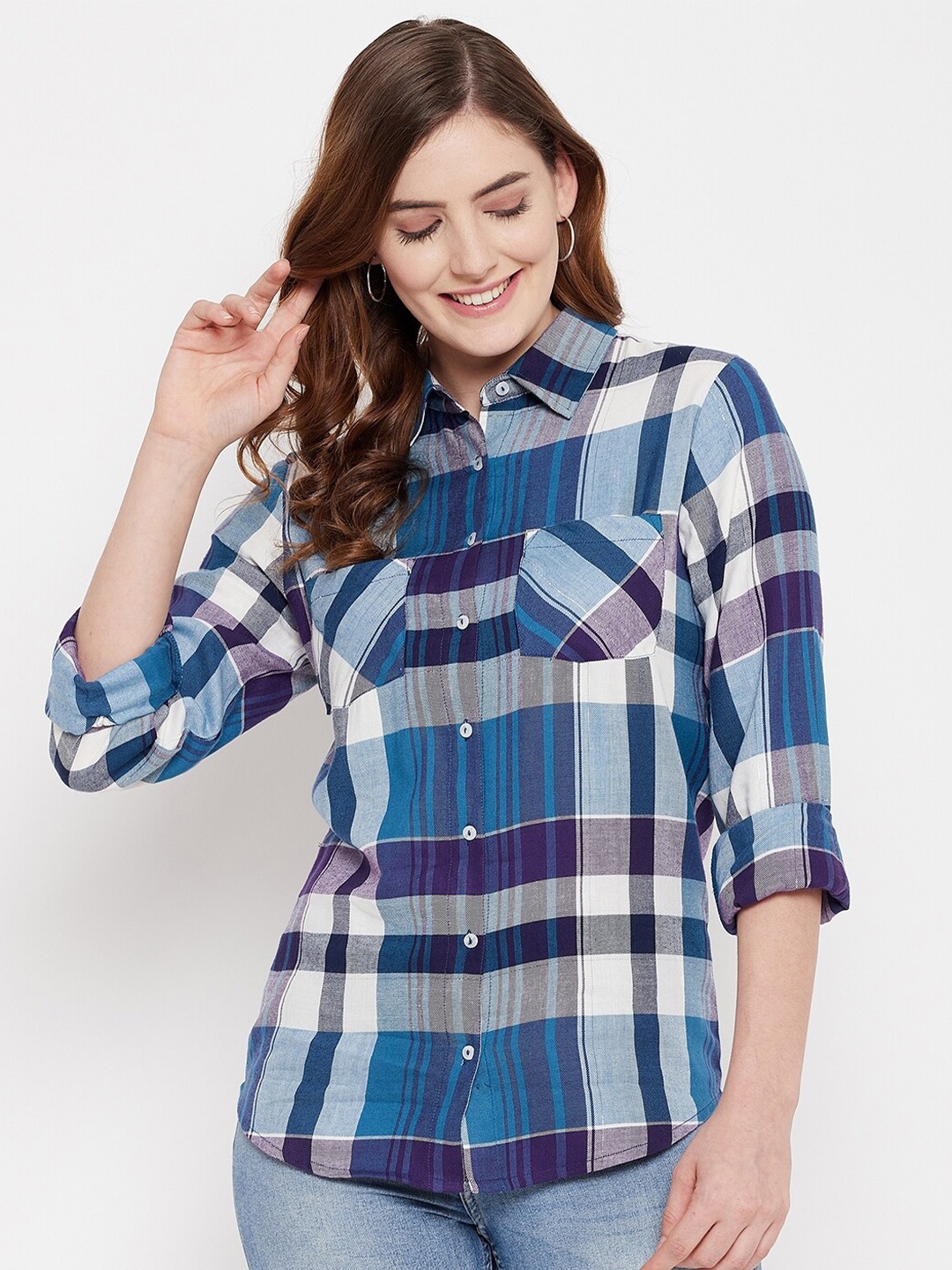 

Duke Women Blue Tartan Checks Checked Casual Shirt