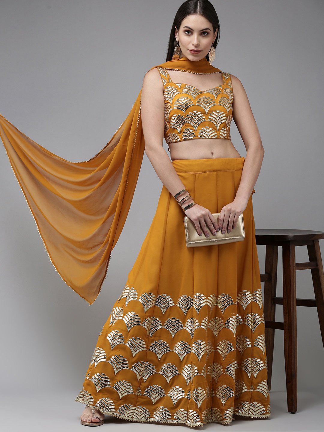 

DIVASTRI Mustard Yellow Gotta Patti Semi-Stitched Lehenga & Unstitched Blouse With Dupatta