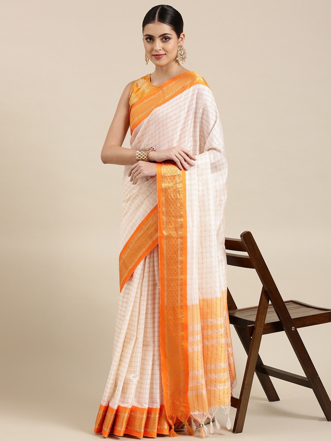 

KALINI White & Orange Checked Zari Silk Cotton Saree