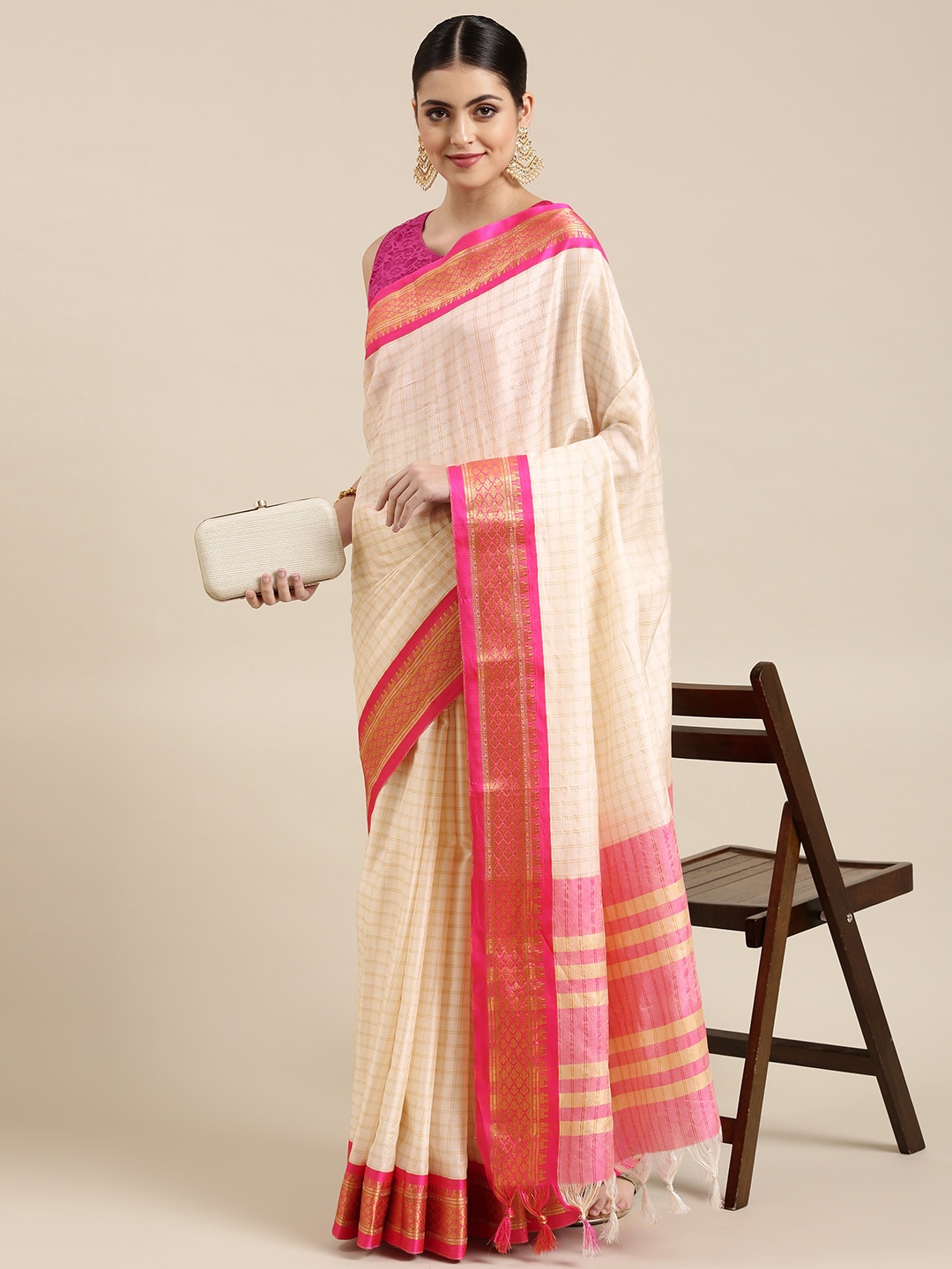 

KALINI White & Pink Checked Zari Silk Cotton Saree