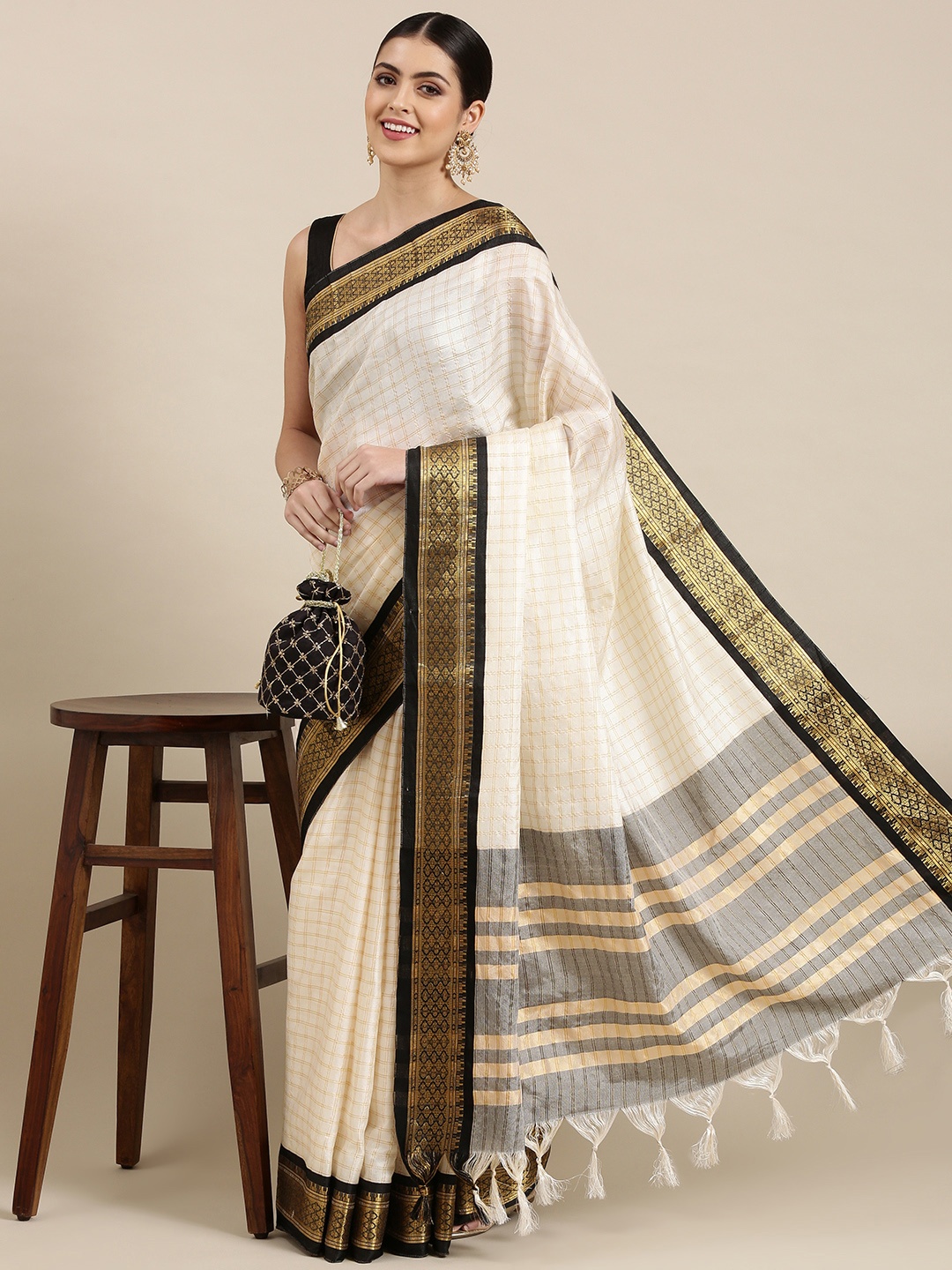 

KALINI White & Black Checked Zari Silk Cotton Saree