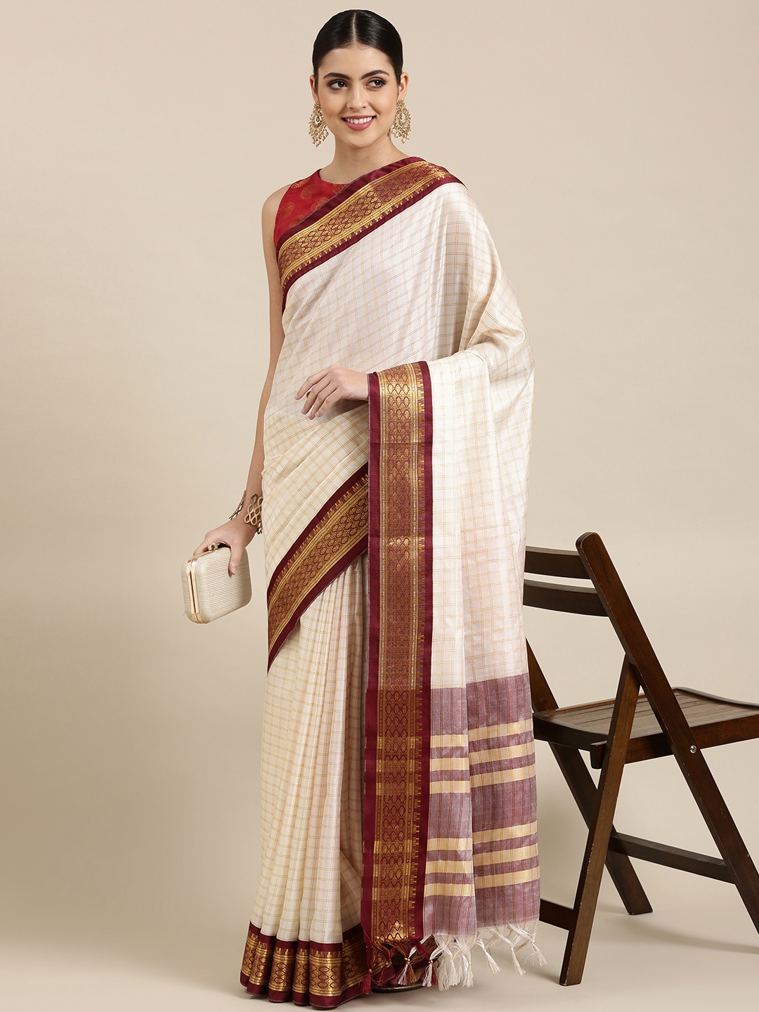 

KALINI White & Maroon Checked Zari Silk Cotton Saree
