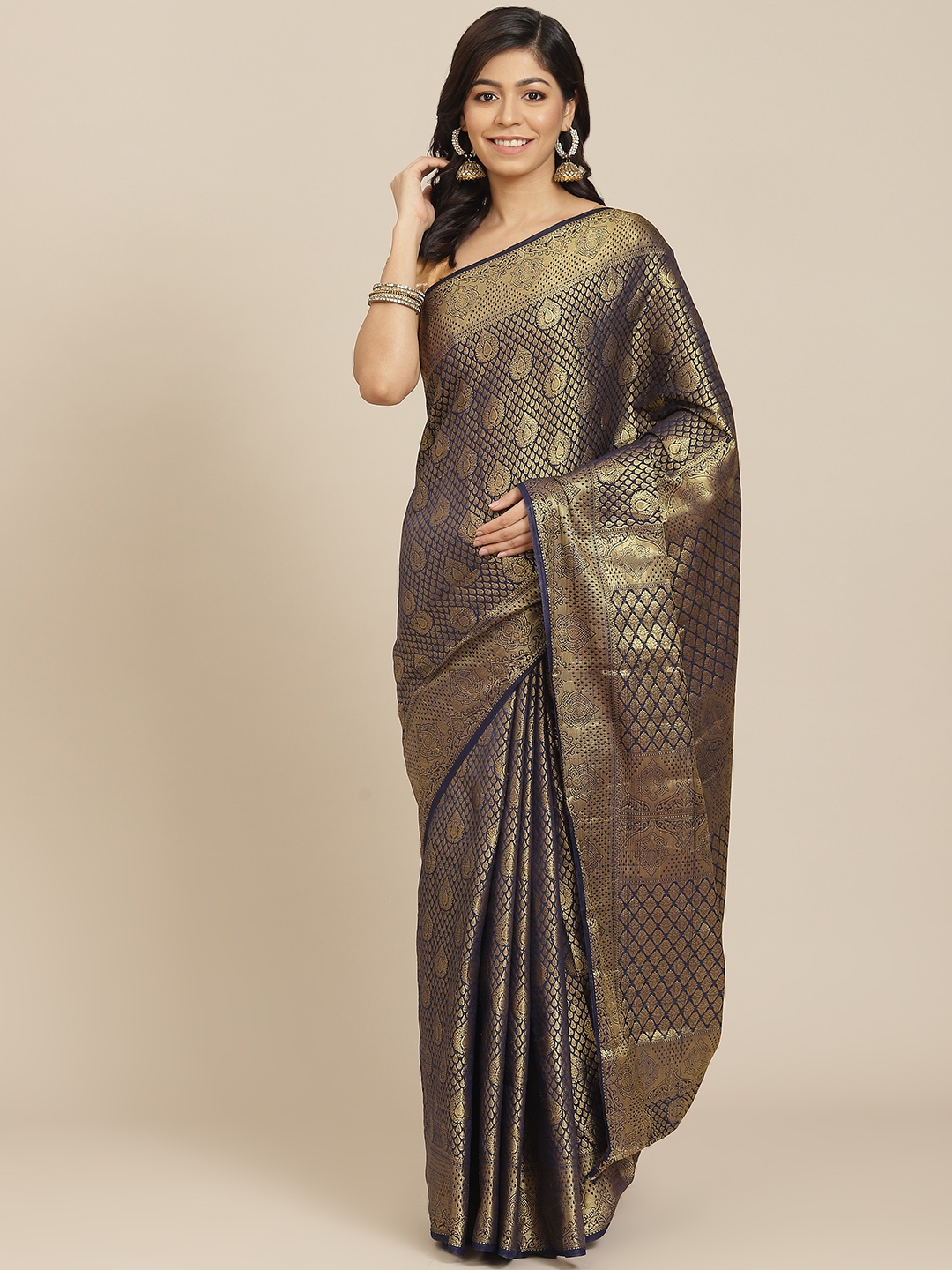 AA-HA Navy Blue & Golden Woven Design Banarasi Saree