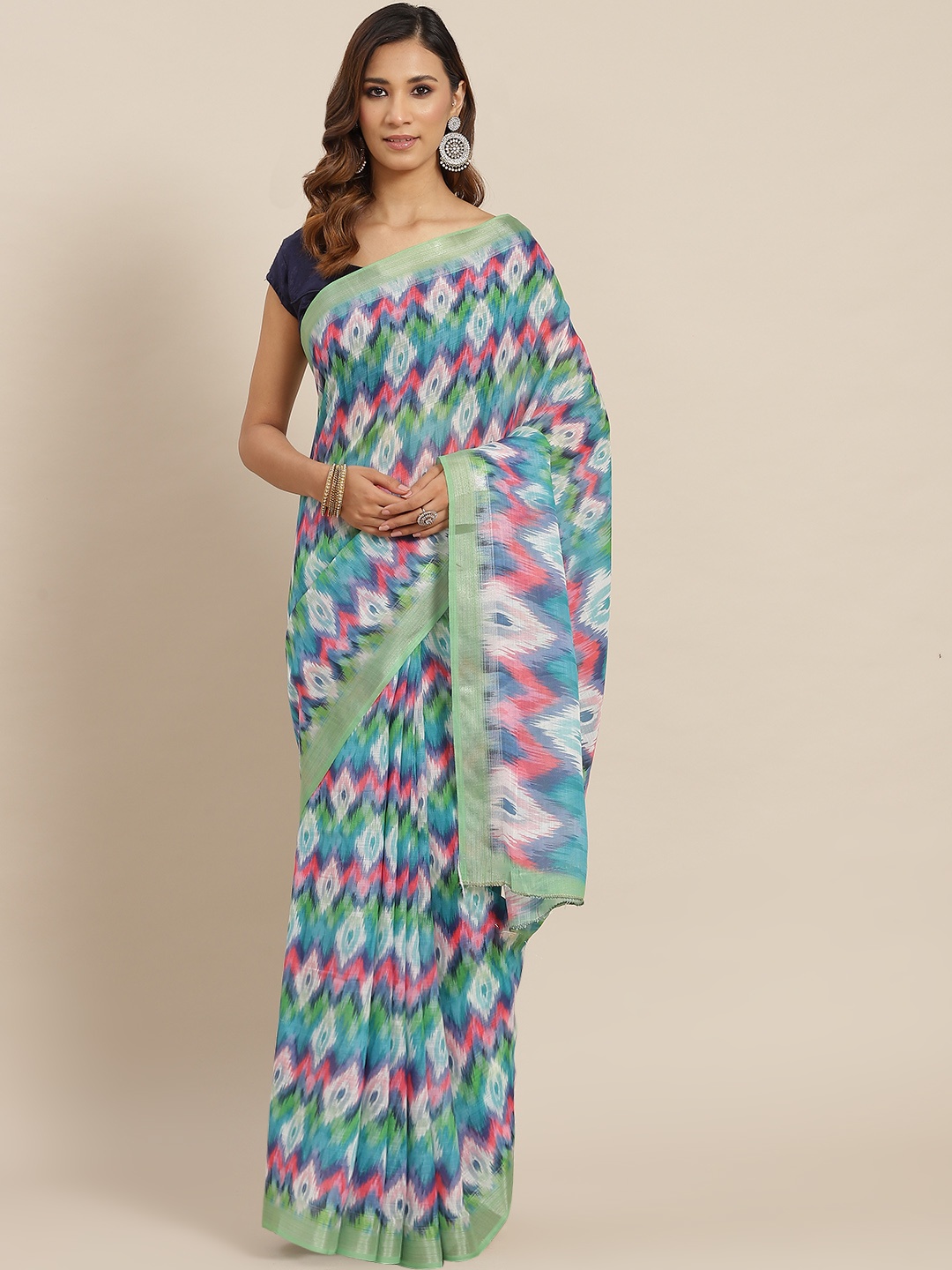 

AA-HA Sea Green & Pink Cotton Linen Printed Ikat Saree