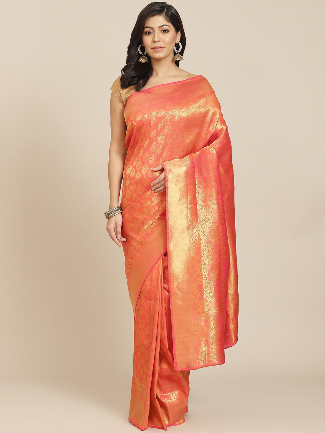 

AA-HA Orange & Golden Woven Design Kanjeevaram Saree
