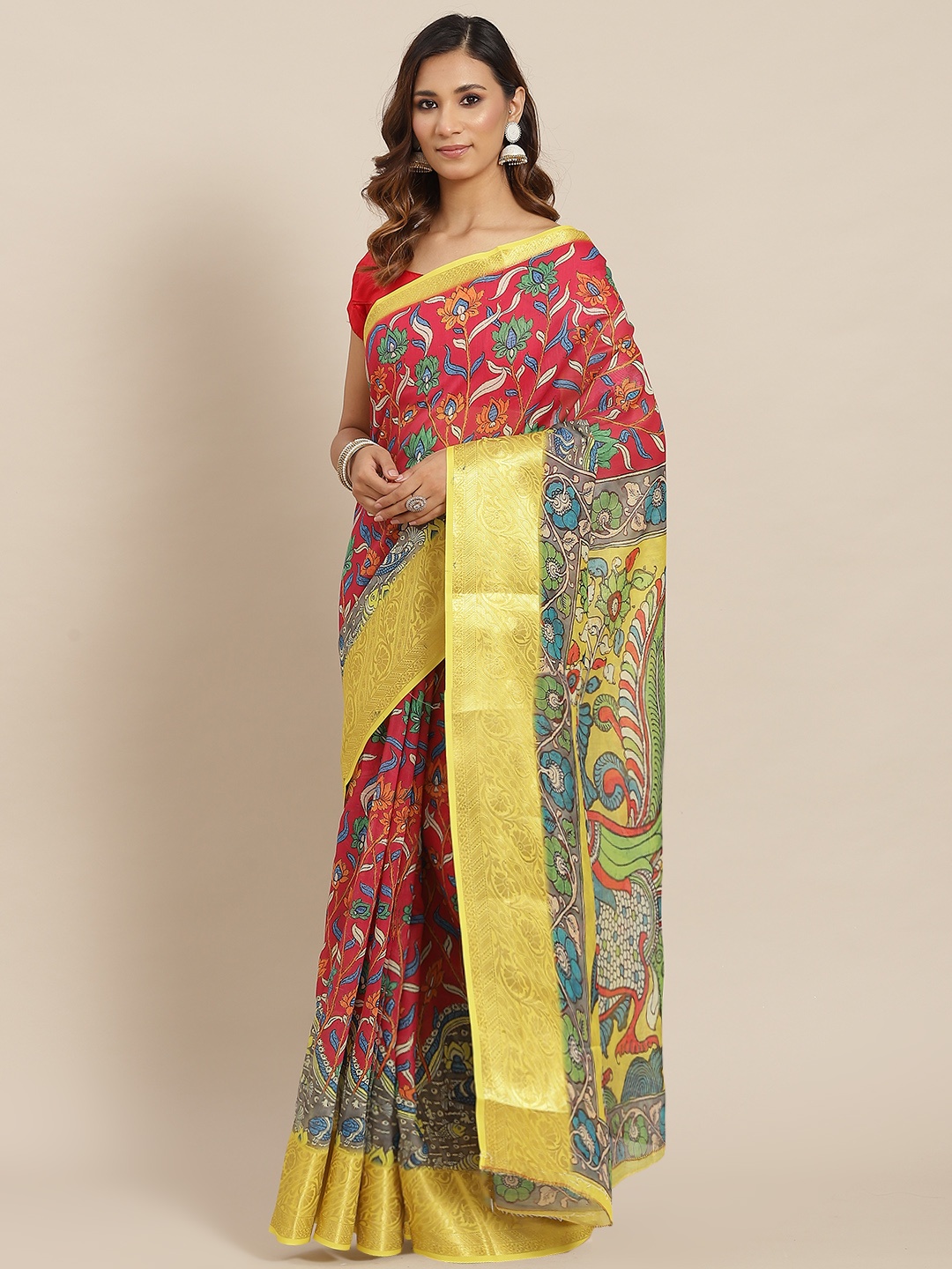 AA-HA Red Floral Jaquard Printed Saree