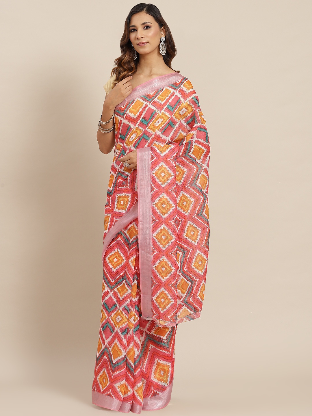 

AA-HA Peach-Coloured & Yellow Cotton Linen Printed Ikat Saree
