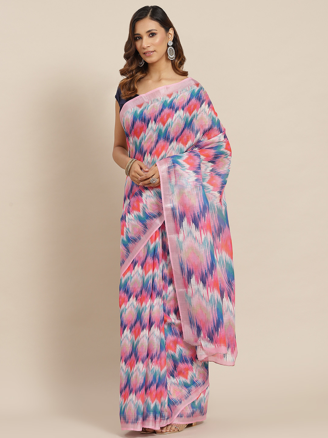 

AA-HA Pink & Blue Cotton Linen Printed Ikat Saree