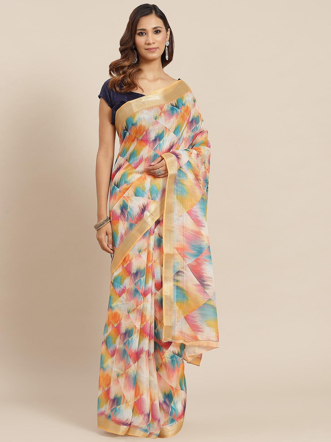 

AA-HA Multicoloured Printed Cotton Linen Ikat Saree, Multi
