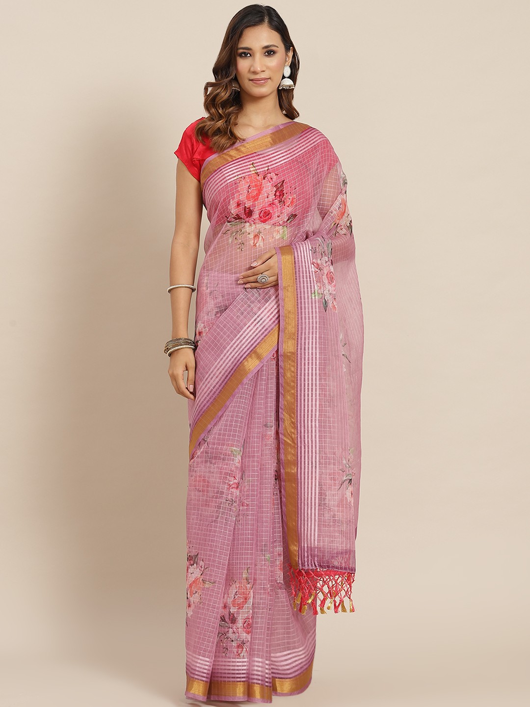 

AA-HA Pink Floral Print Organza Saree