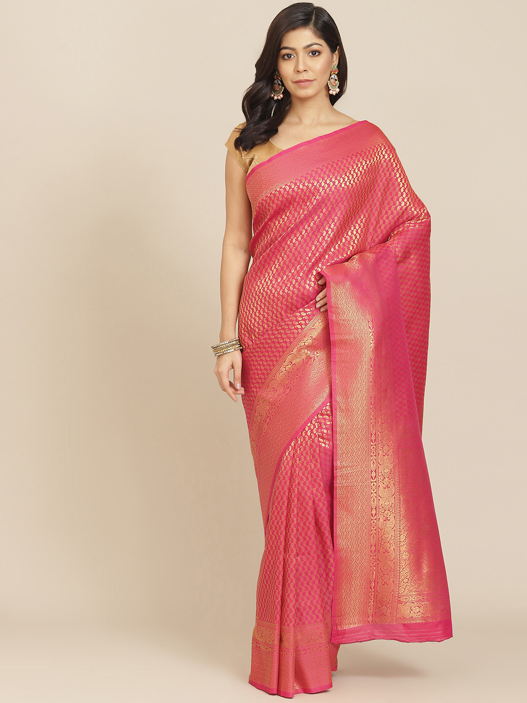 

AA-HA Pink & Golden Woven Design Kanjeevaram Saree