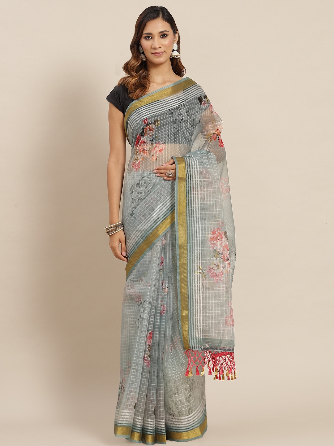 

AA-HA Blue Floral Organza Printed Saree