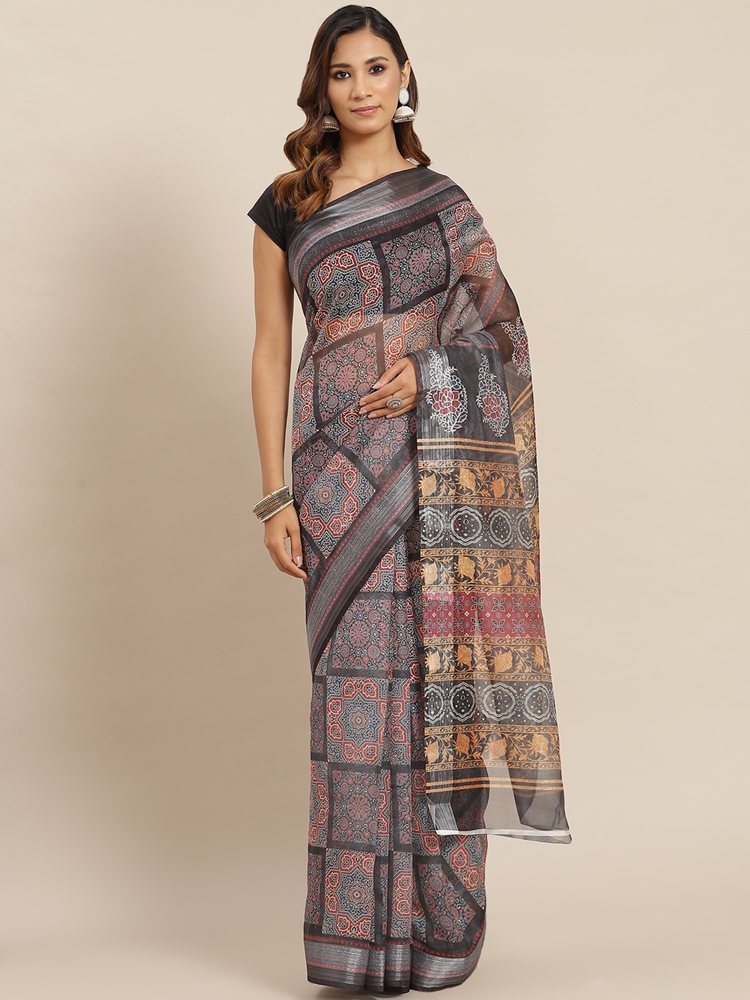 

AA-HA Charcoal Grey & Red Ajrak Print Organza Saree