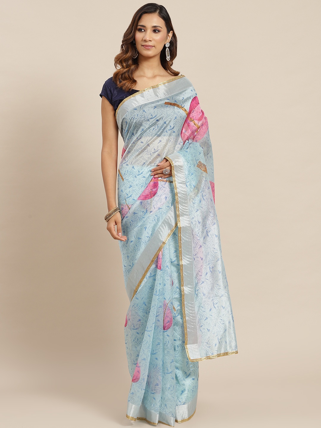 

AA-HA Blue Floral Organza Printed Saree