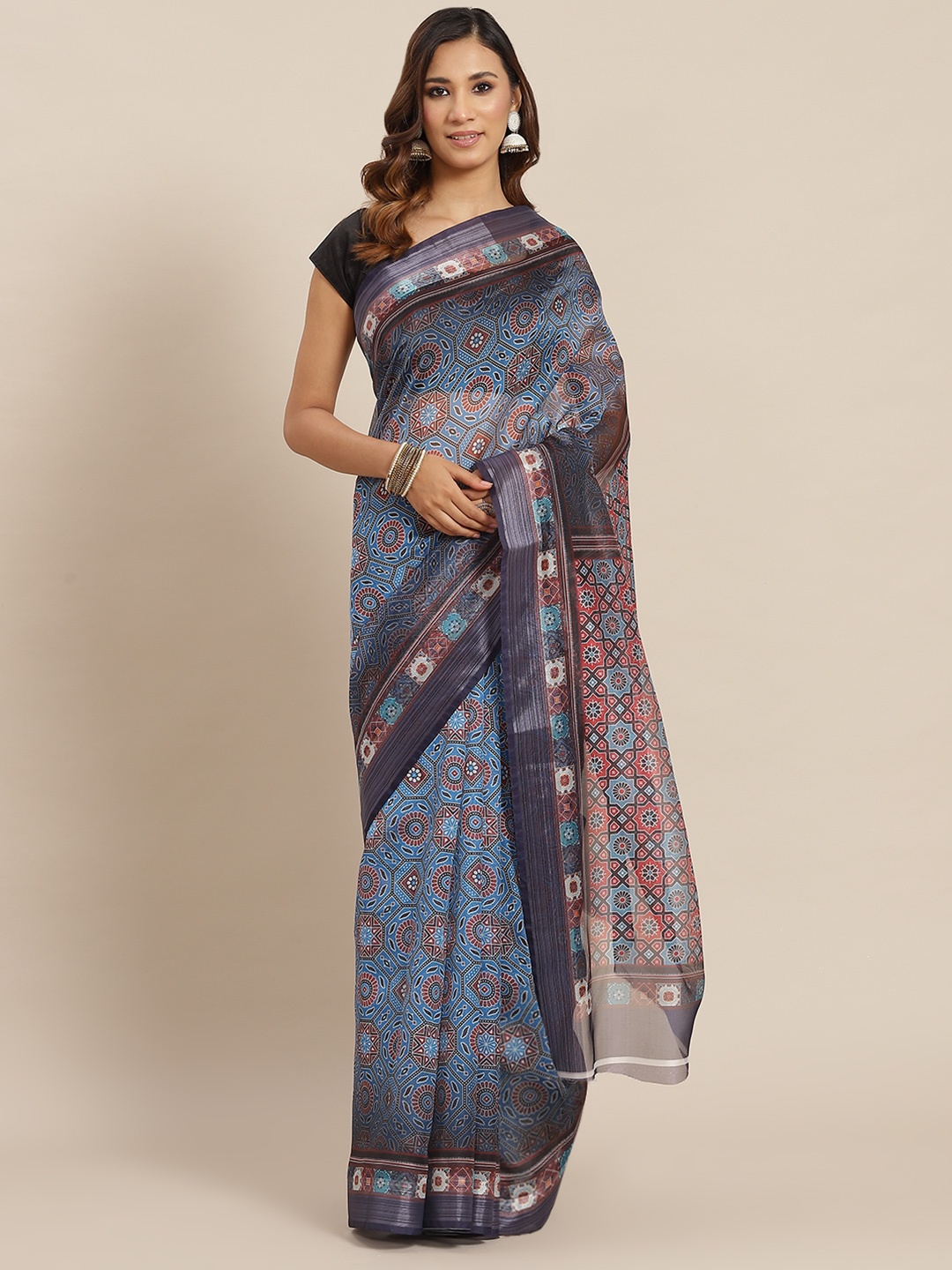 

AA-HA Blue Organza Ajrak Print Saree