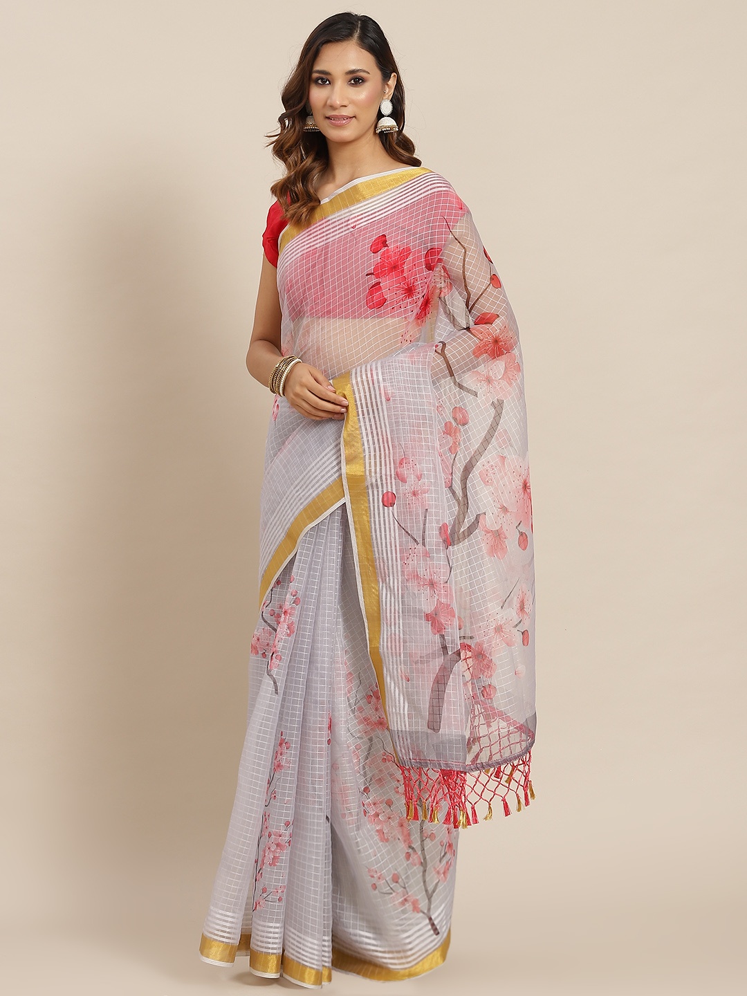 

AA-HA Grey Floral Organza Printed Saree