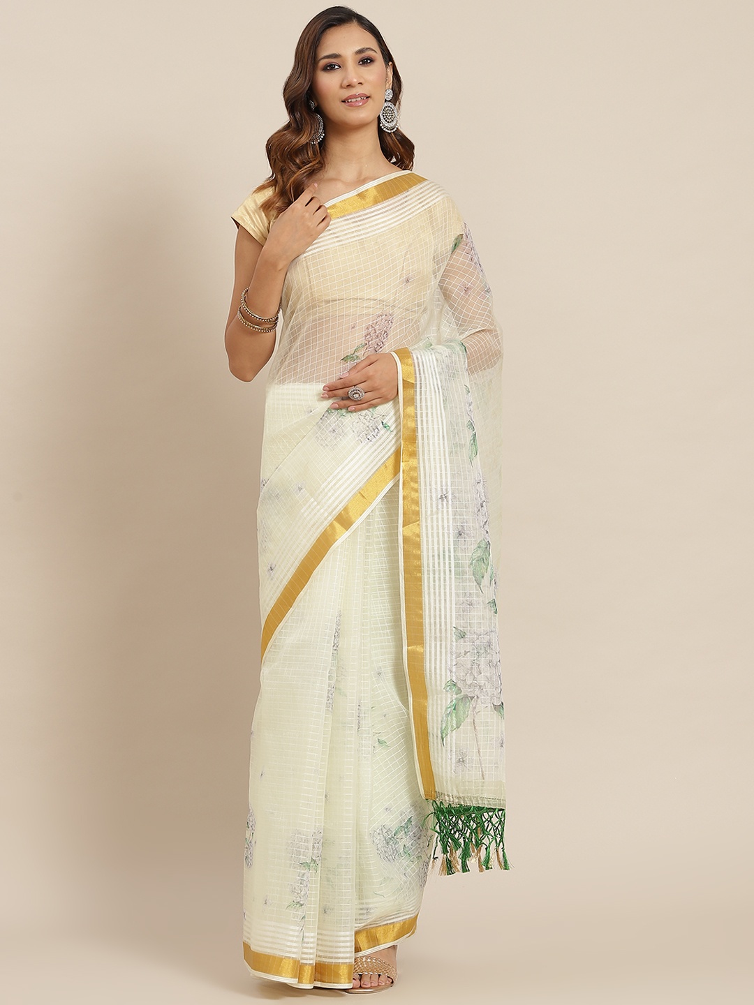 

AA-HA Cream-Coloured Floral Organza Printed Saree