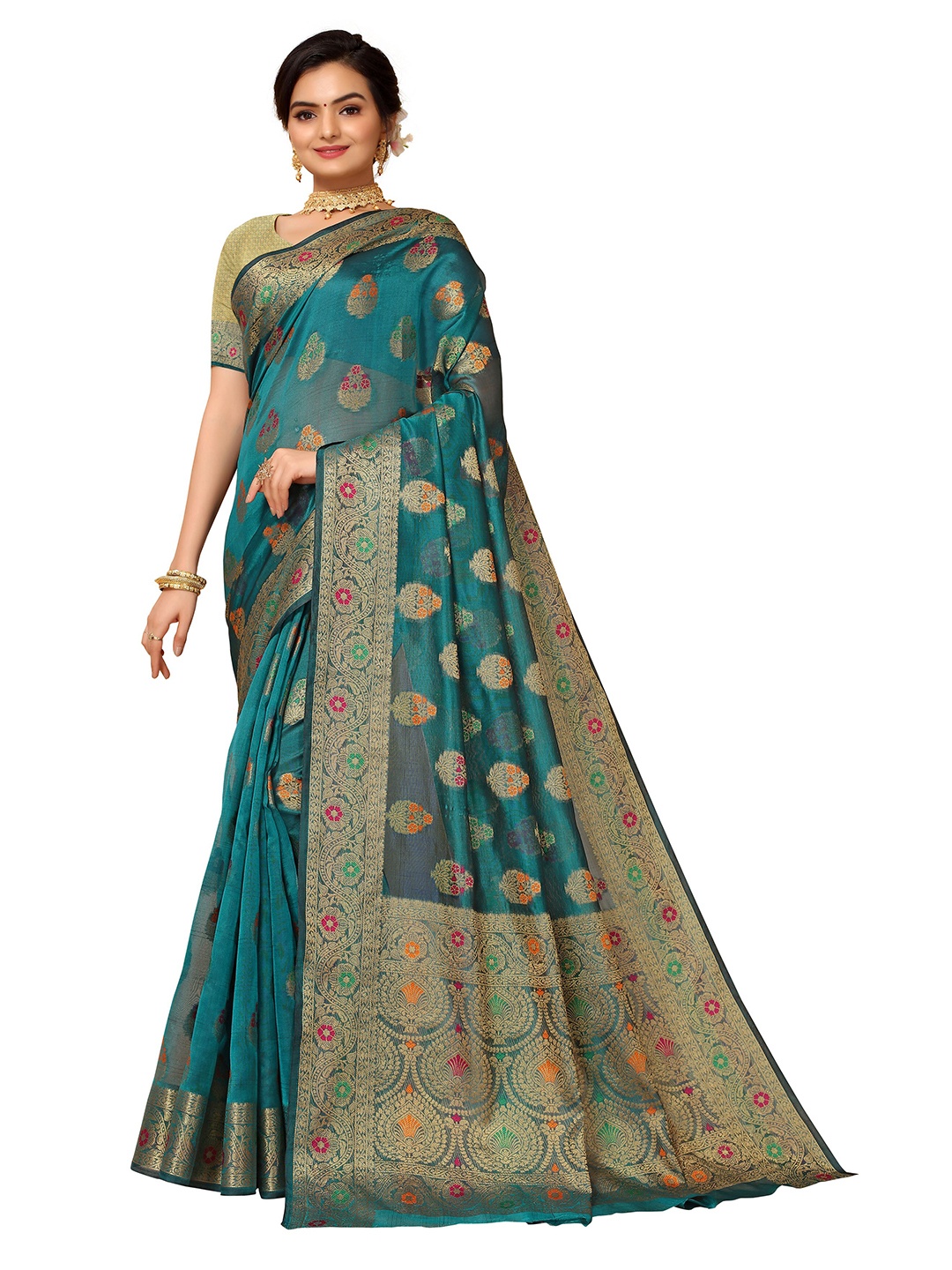 

Nimayaa Teal & Gold-Toned Woven Design Zari Organza Saree