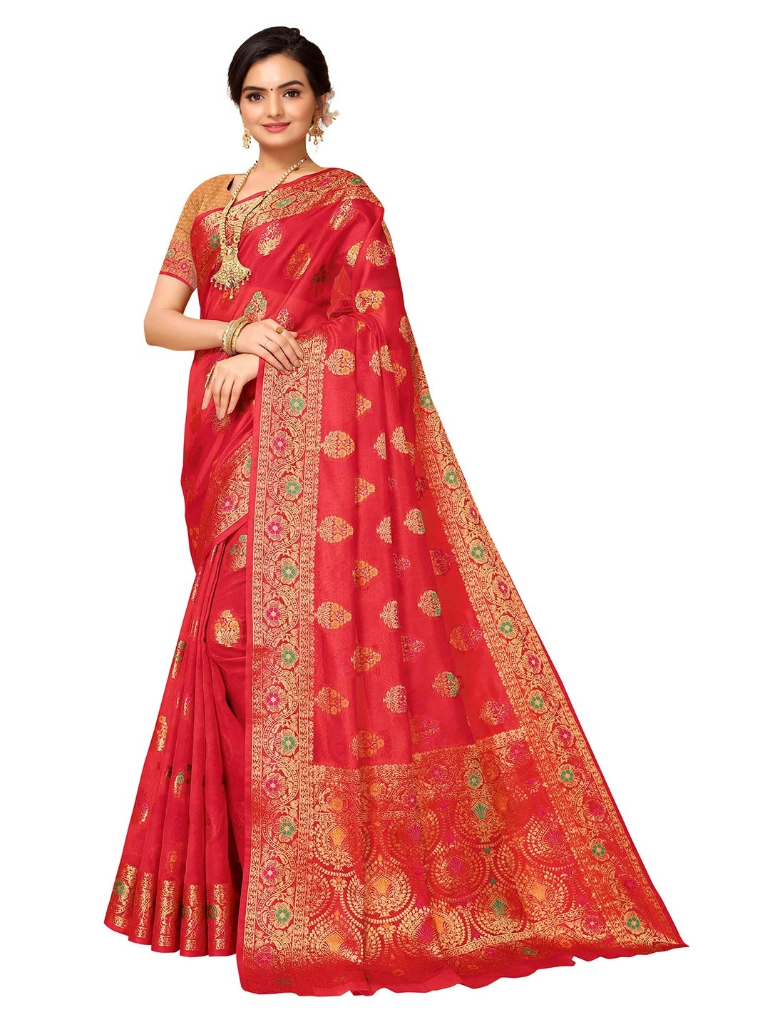 

Nimayaa Red & Gold-Toned Woven Design Zari Organza Saree