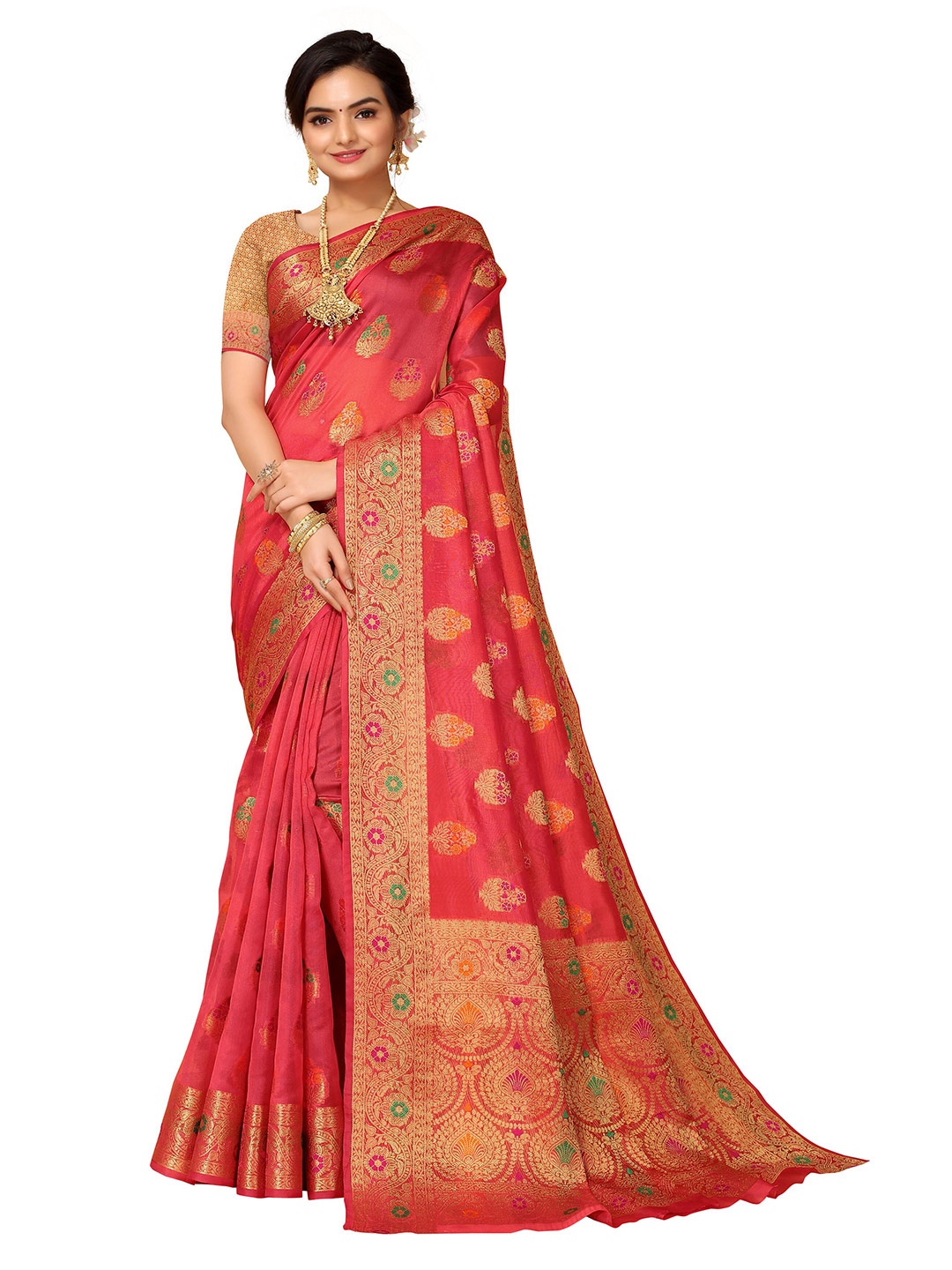 

Nimayaa Red & Green Woven Design Zari Organza Saree