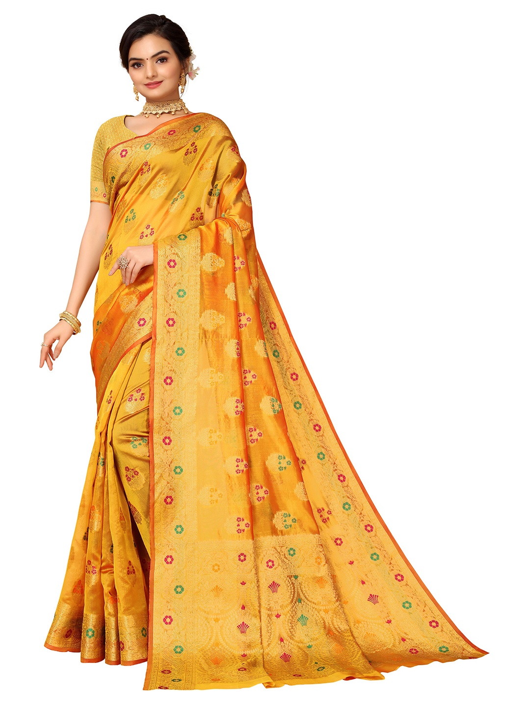 

Nimayaa Orange & Green Woven Design Zari Organza Saree