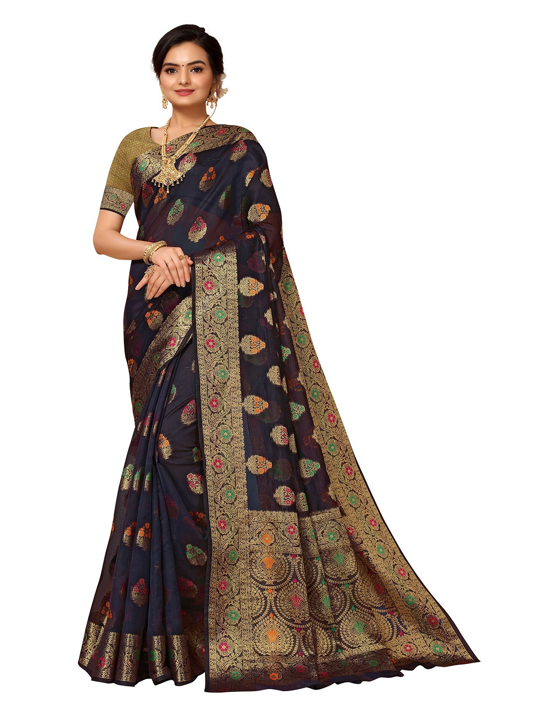 

Nimayaa Blue & Gold-Toned Woven Design Zari Organza Saree