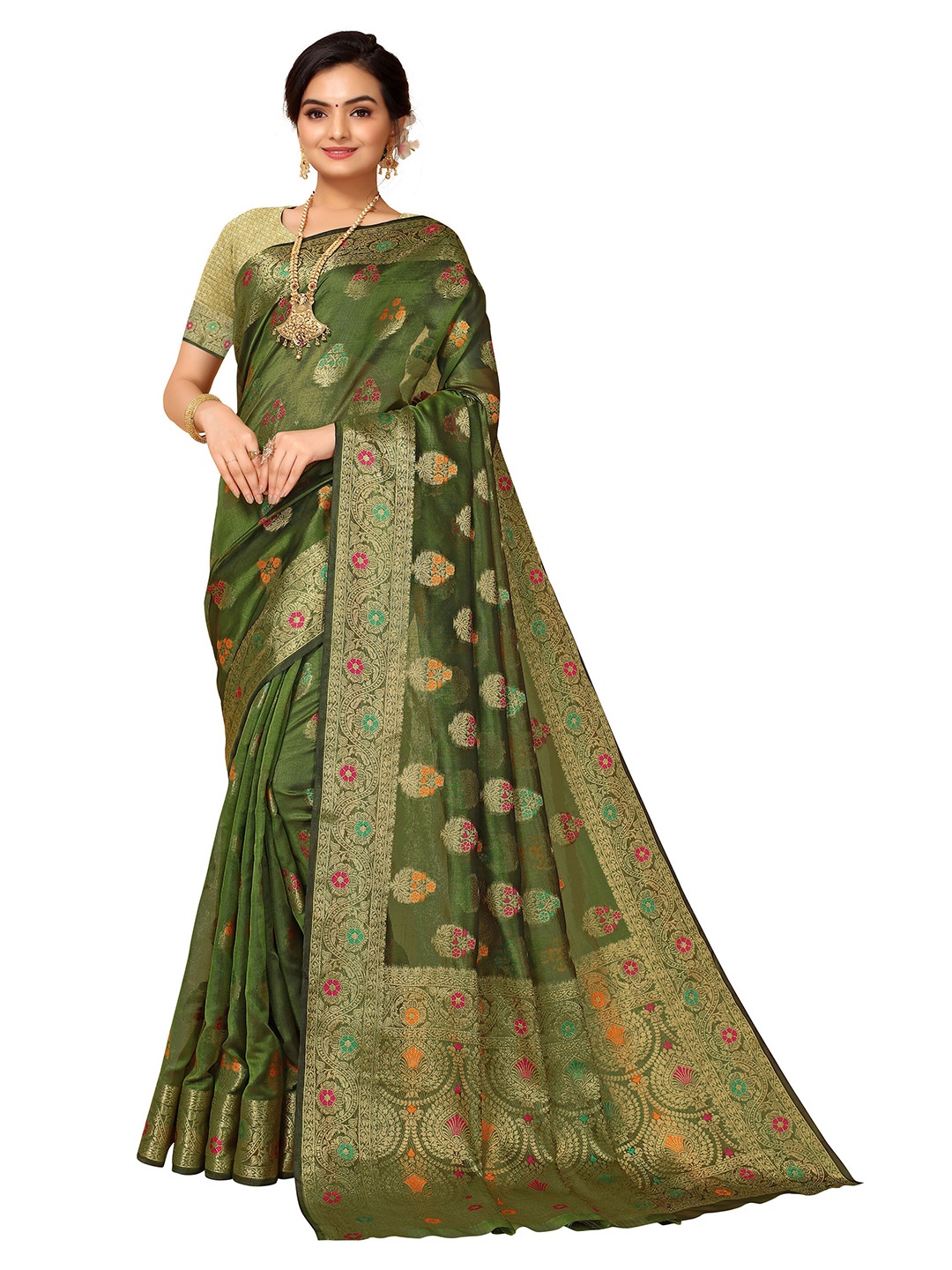 

Nimayaa Green & Gold-Toned Woven Design Zari Organza Saree