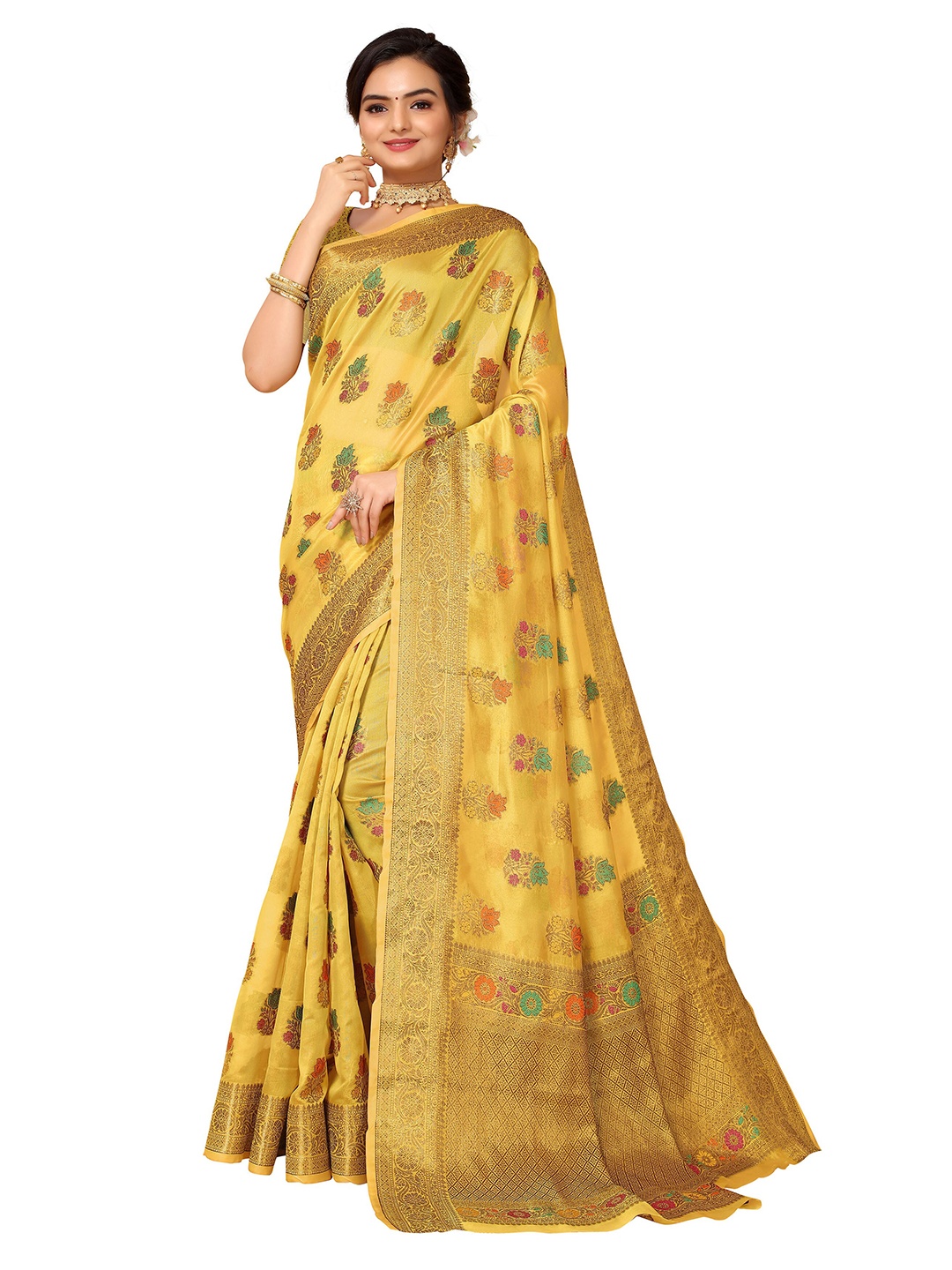 

Nimayaa Mustard & Gold-Toned Woven Design Zari Organza Saree