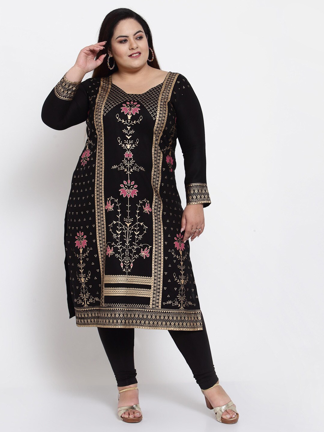 

FAZZN Black Ethnic Motifs Embellished Square Neck Kurti