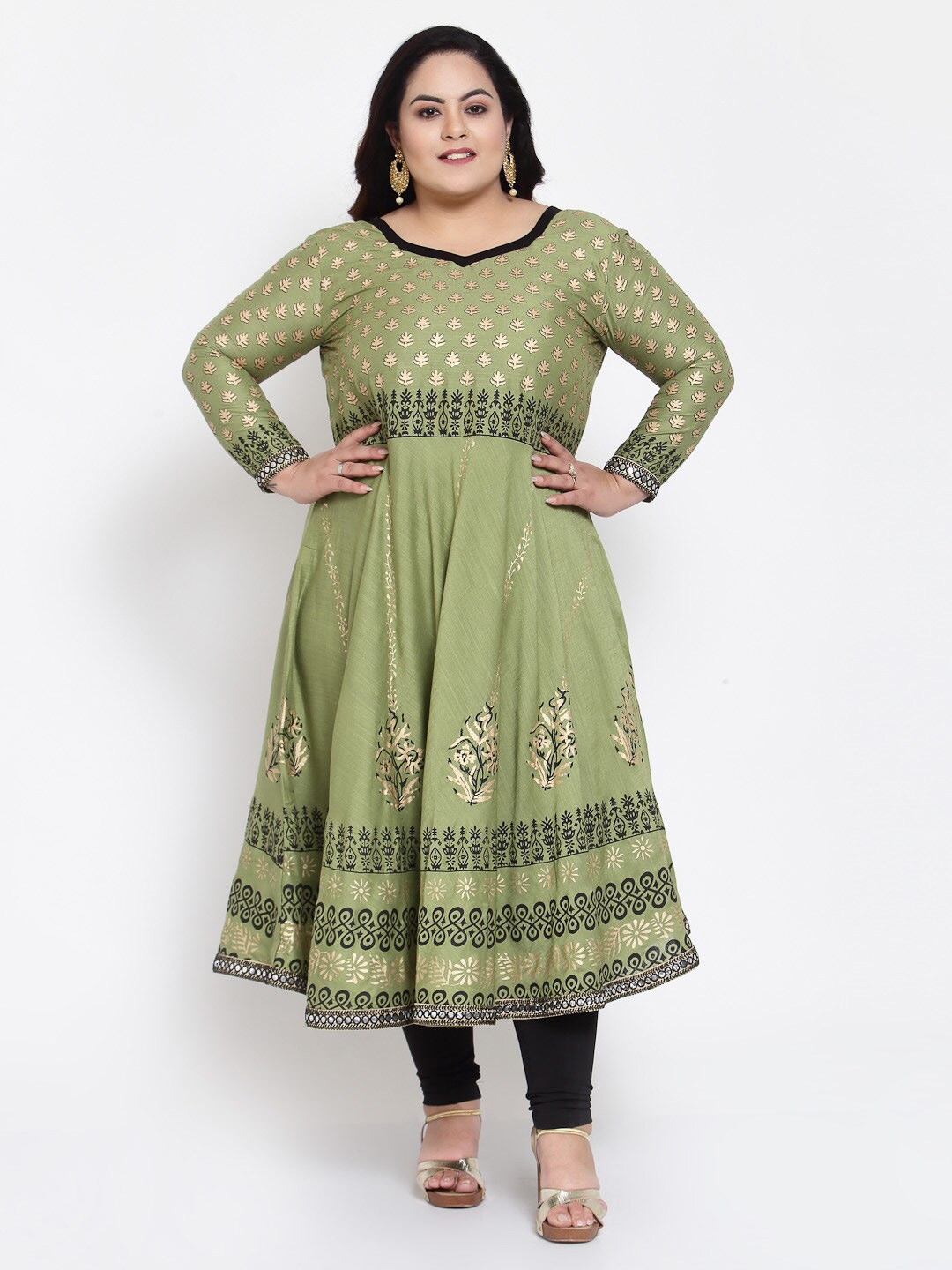 

FAZZN Plus Size Women Green & Black Ethnic Motifs Printed Anarkali Kurta