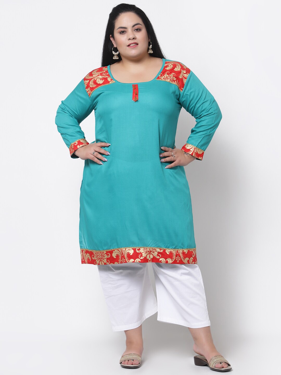 

FAZZN Women Plus Size Turquoise Blue Solid Straight Kurta