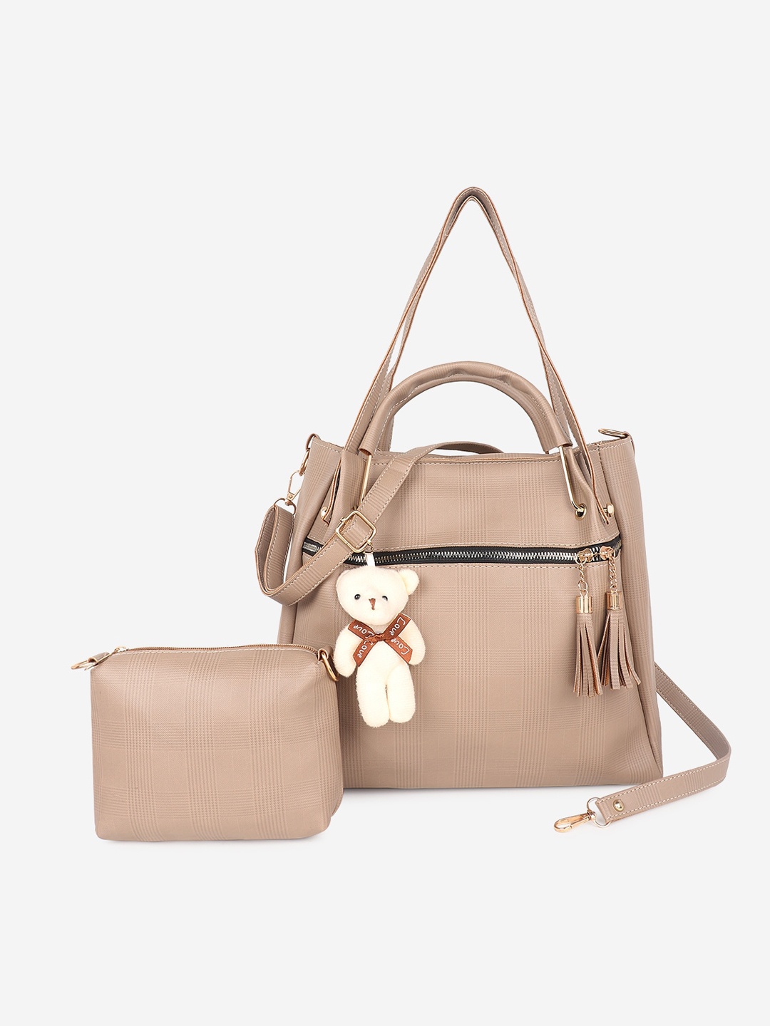 

Stropcarry Beige PU Bucket Handheld Bag with Tasselled