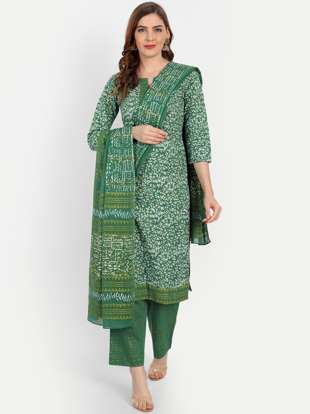 

SUTI Women Green Floral Panelled Gotta Patti Pure Cotton Kurti with Palazzos & With Dupatta