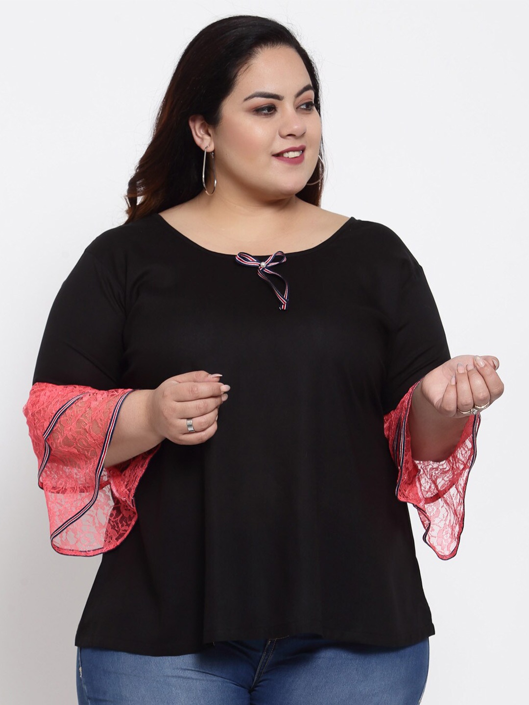 

FAZZN Women Plus Size Black & Red Bell Sleeves Top