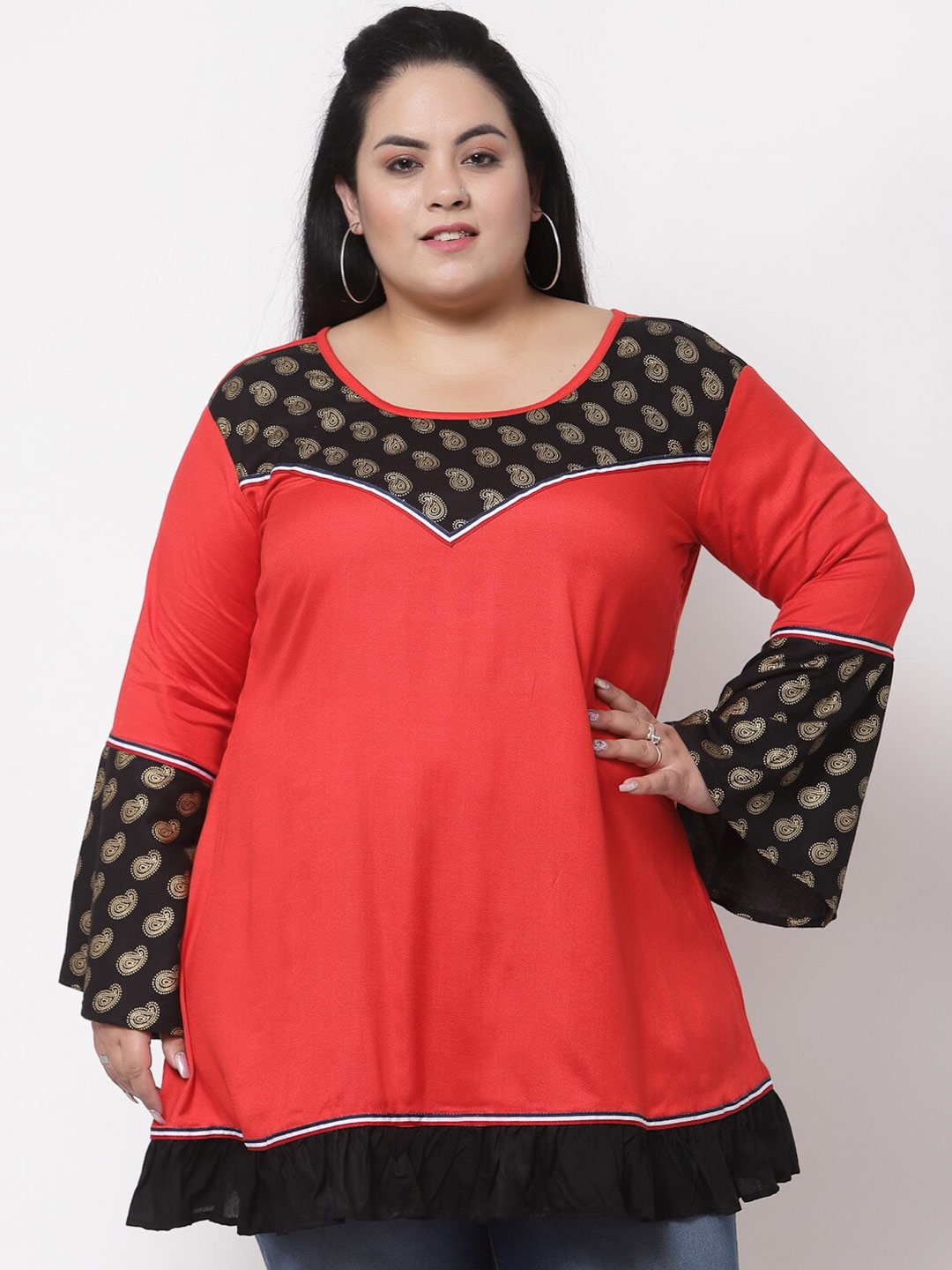 

FAZZN Plus Size Red & Black Screen Printed A-Line Top