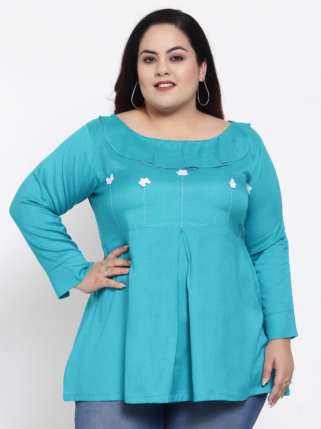 

FAZZN Plus Size Women Blue Solid A-Line Top