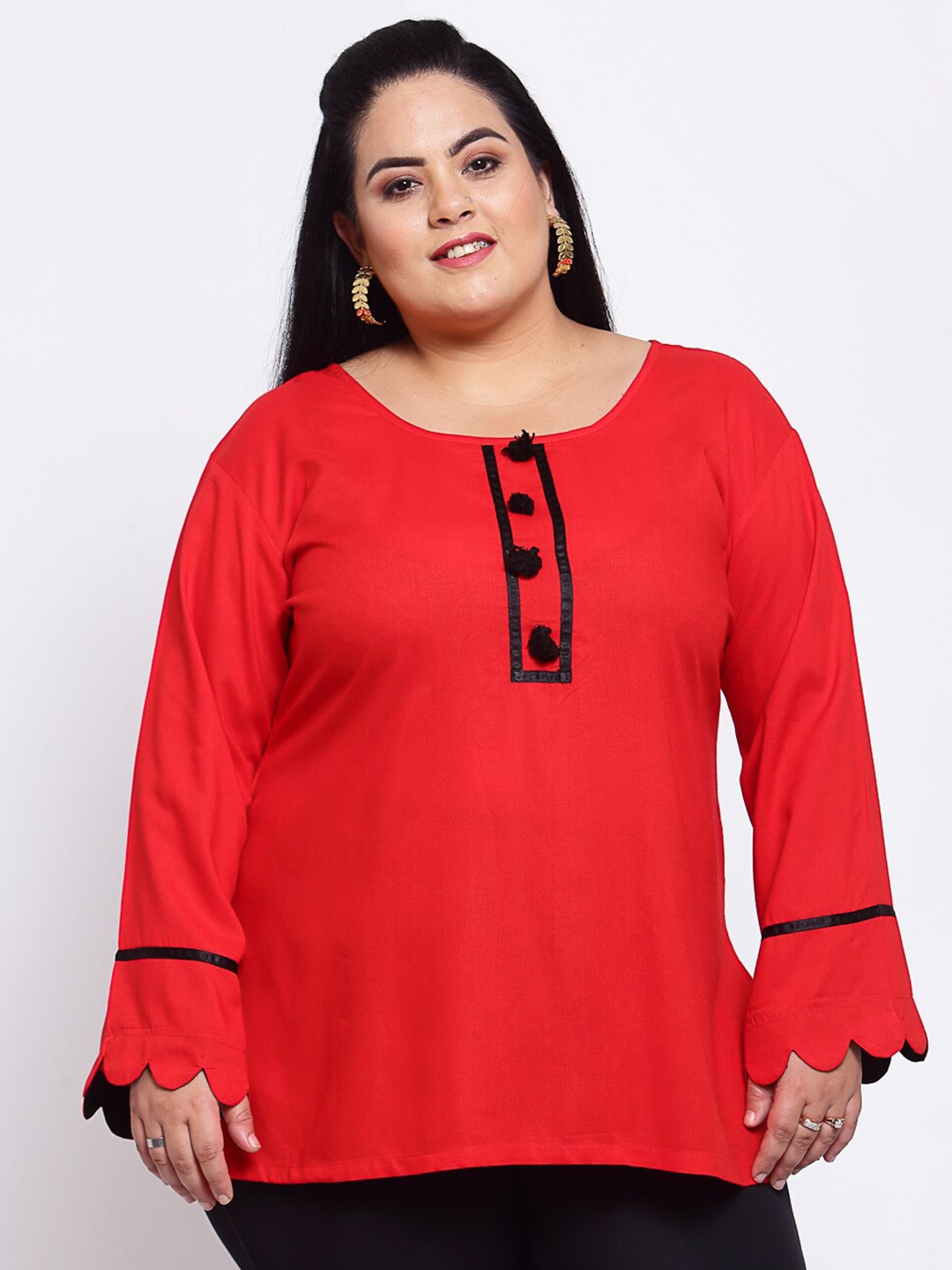 

FAZZN Plus Size Red Solid Bell Sleeves Top